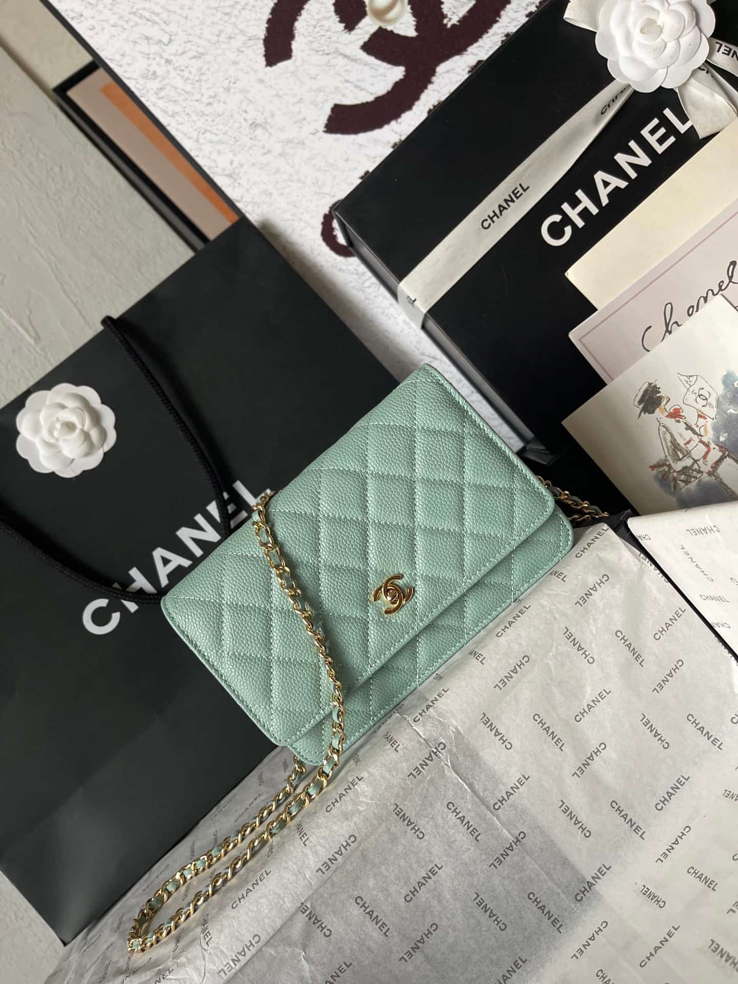 Chanel Classic Wallet on Chain Grained Shiny Calfskin & Gold-Tone Metal AP4241 Light Green A