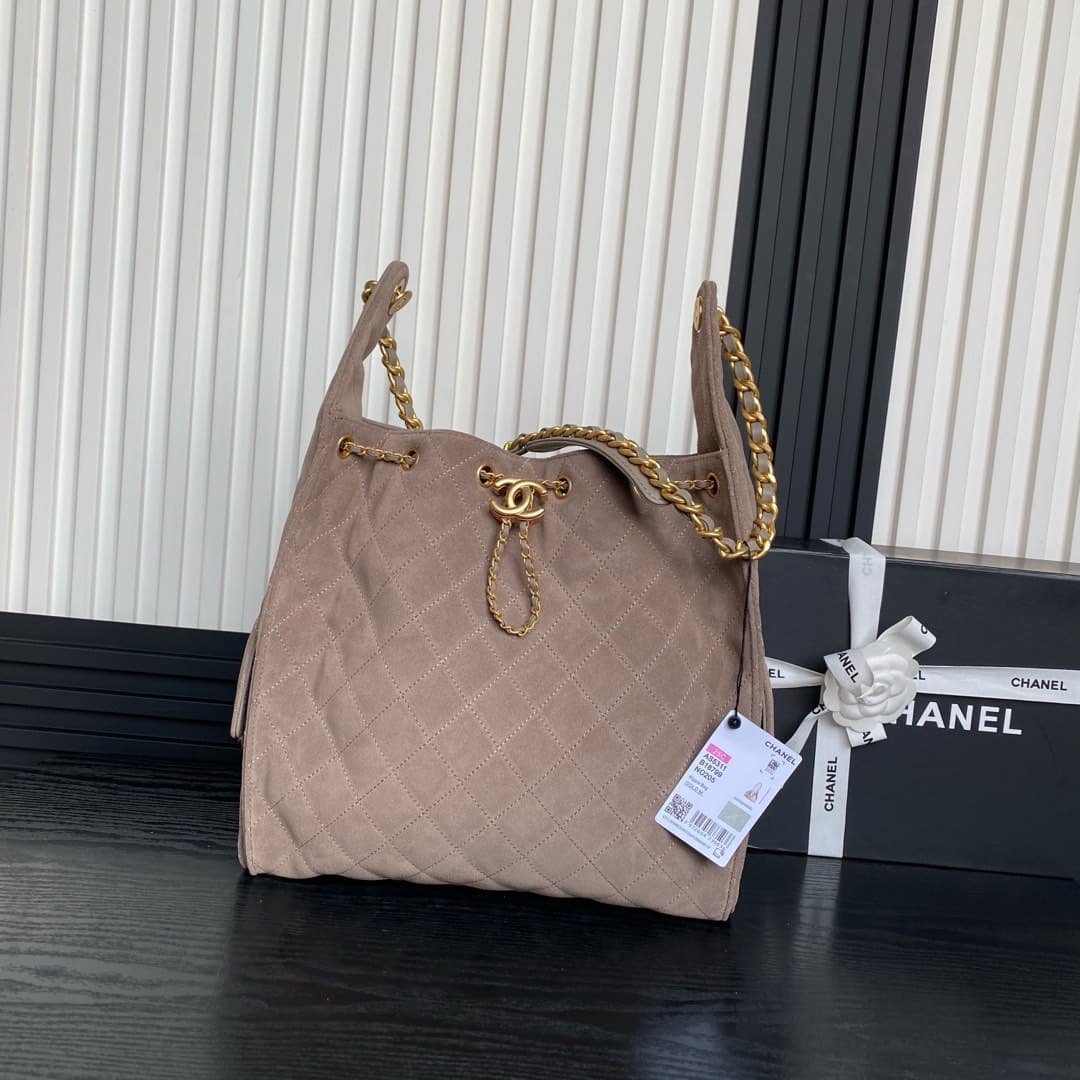 Chanel 25 Medium Hobo Medium handbag AS5311 Suede & Gold-tone Metal Beige High