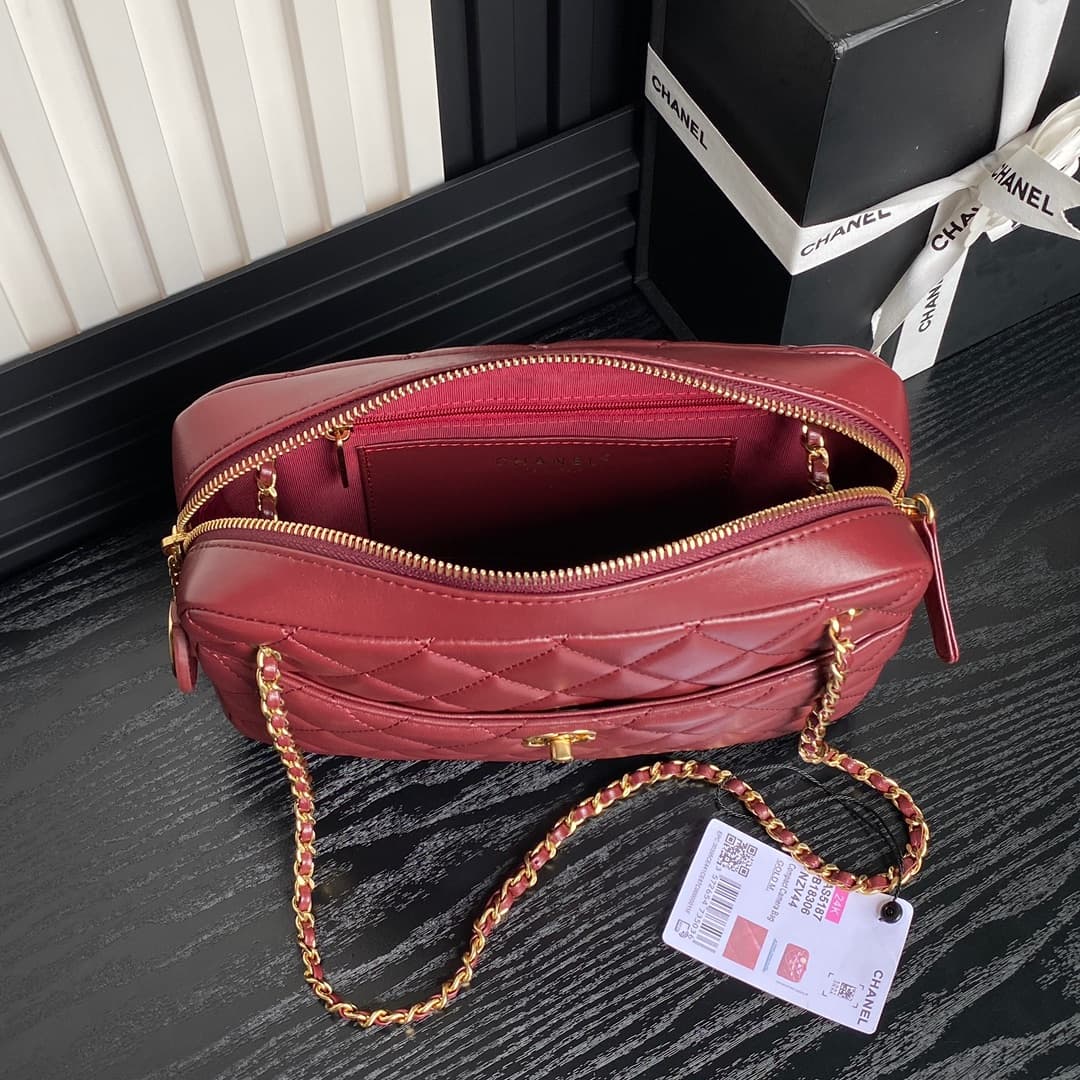 Chanel Maxi Camera Case Lambskin & Gold-Tone Metal Burgundy AS5187 A