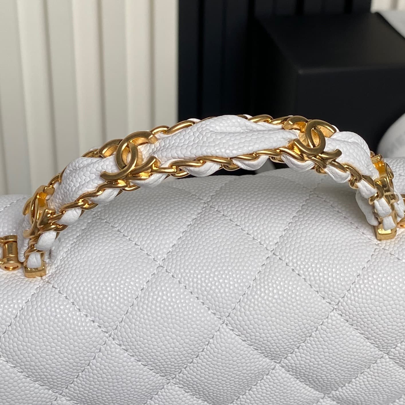 Chanel Small Flap Bag with Top Handle Grained Shiny Calfskin &  Gold-Tone Metal White AS5702 A