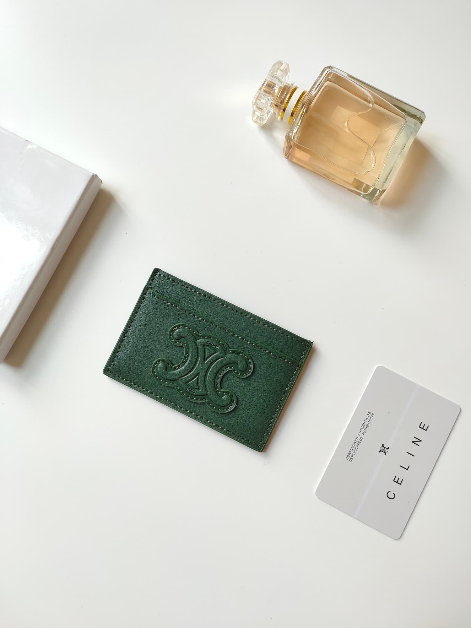 Celine Triomphe card holder in green shiny calfskin leather 10B703 High