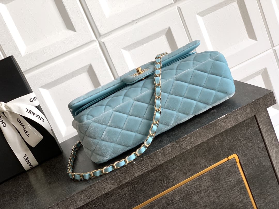 Chanel Medium CLASSIC HANDBAG Velvet  & Gold-Tone Metal Light Blue A