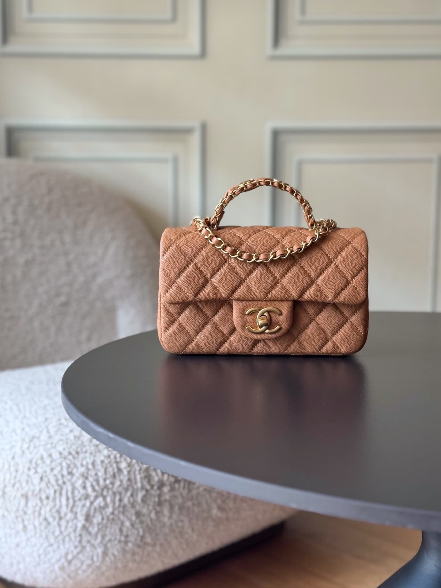 Chanel Mini Flap Bag with Top Handle Grained Shiny Calfskin & Gold-Tone Metal Caramel AS5701 TOP