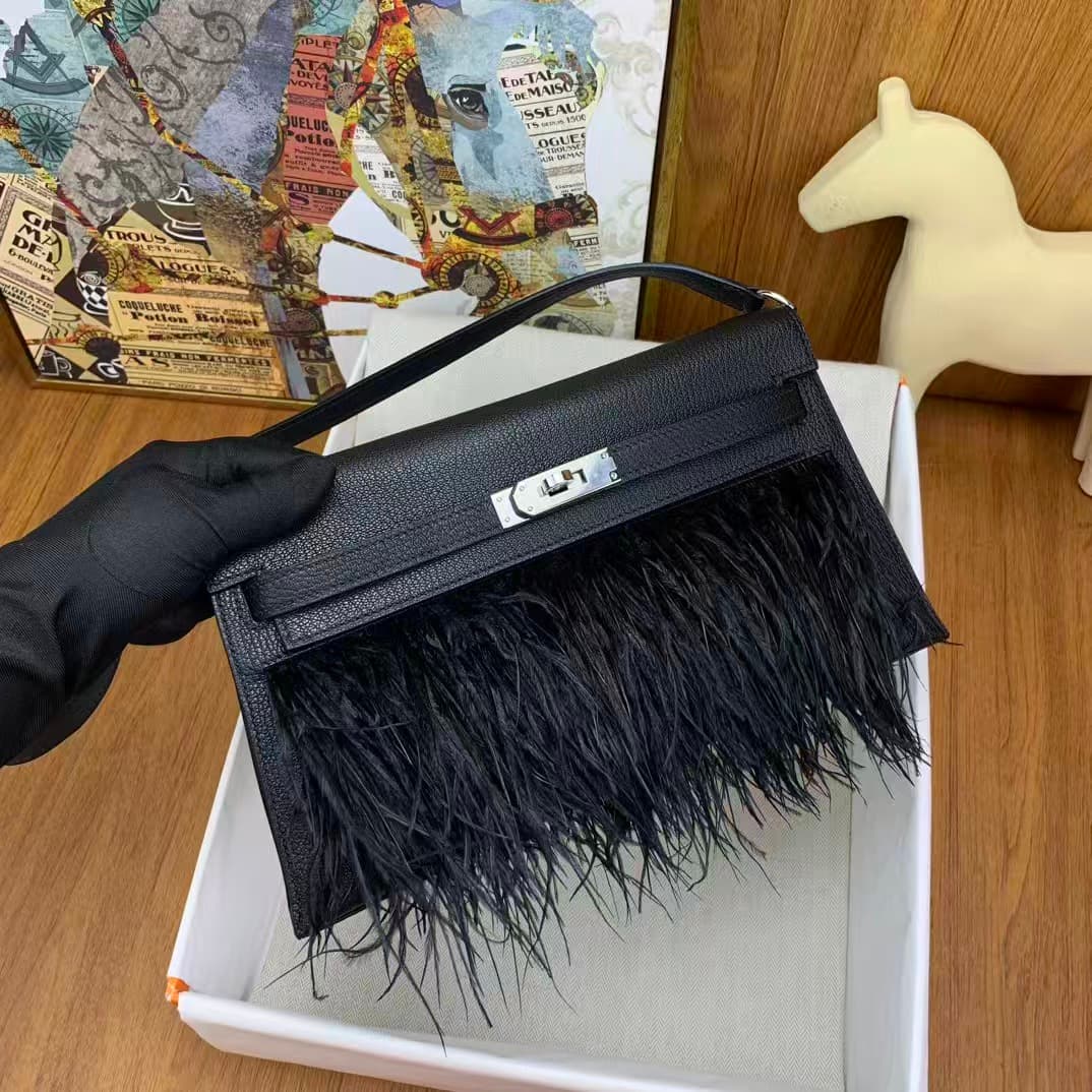 Hermes Kelly Elan  Madame Leather Black Silver-Metal Ostrich Feathers WAX High Customized Style