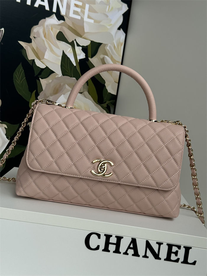Medium FLAP BAG WITH TOP HANDLE Grained Calfskin Pink-binding Gold Metal High