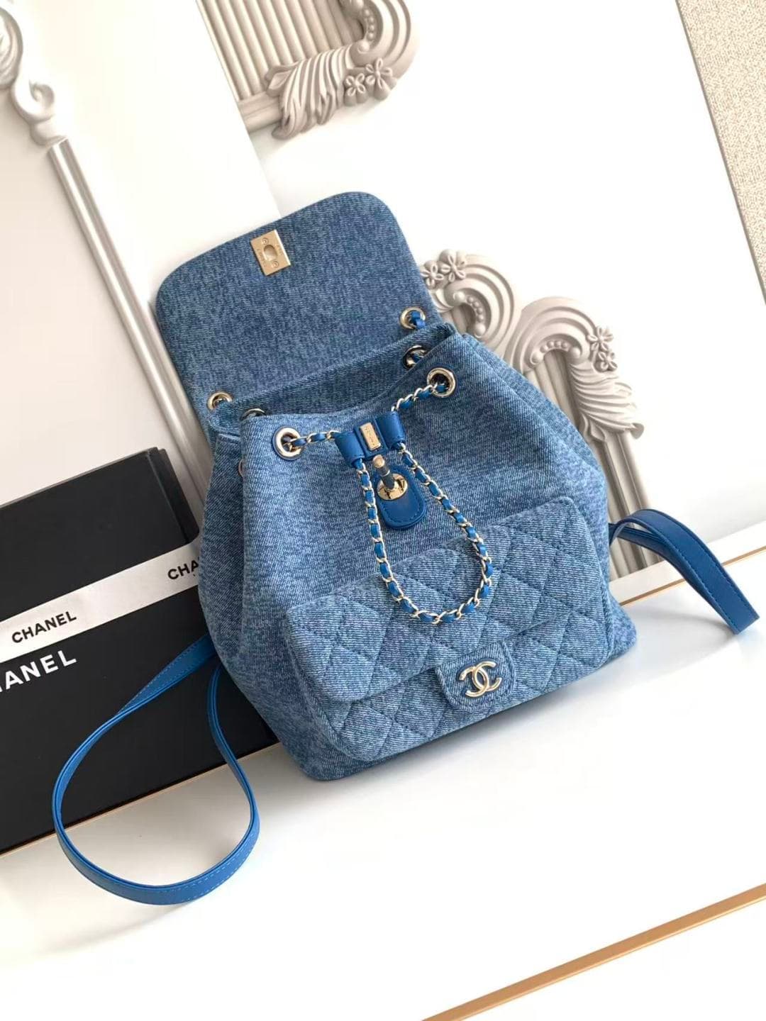 Chanel Large Backpack Washed Denim & Gold-Tone Metal Blue AS3618 A