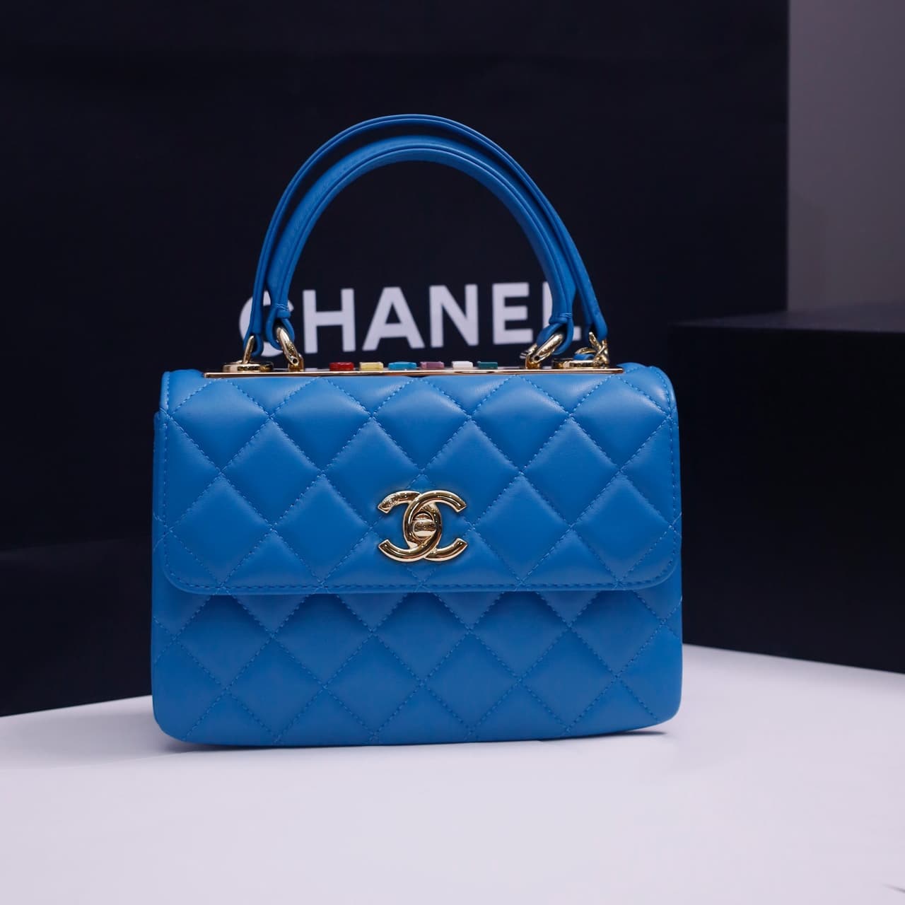 Chanel MINI FLAP BAG WITH TOP HANDLE AS4654 Lambskin &Gold-Tone Metal Blue A