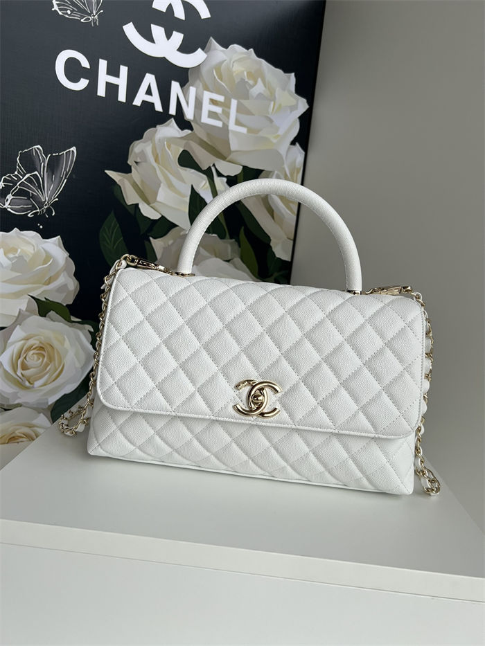 Medium FLAP BAG WITH TOP HANDLE Grained Calfskin White-binding Gold Metal High