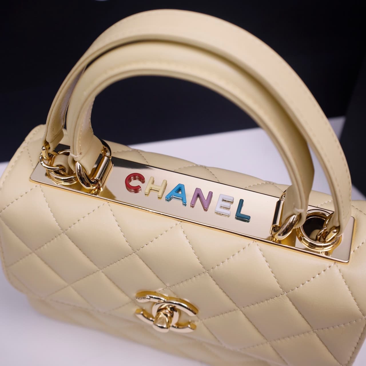 Chanel MINI FLAP BAG WITH TOP HANDLE AS4654 Lambskin &Gold-Tone Metal Light Yellow A