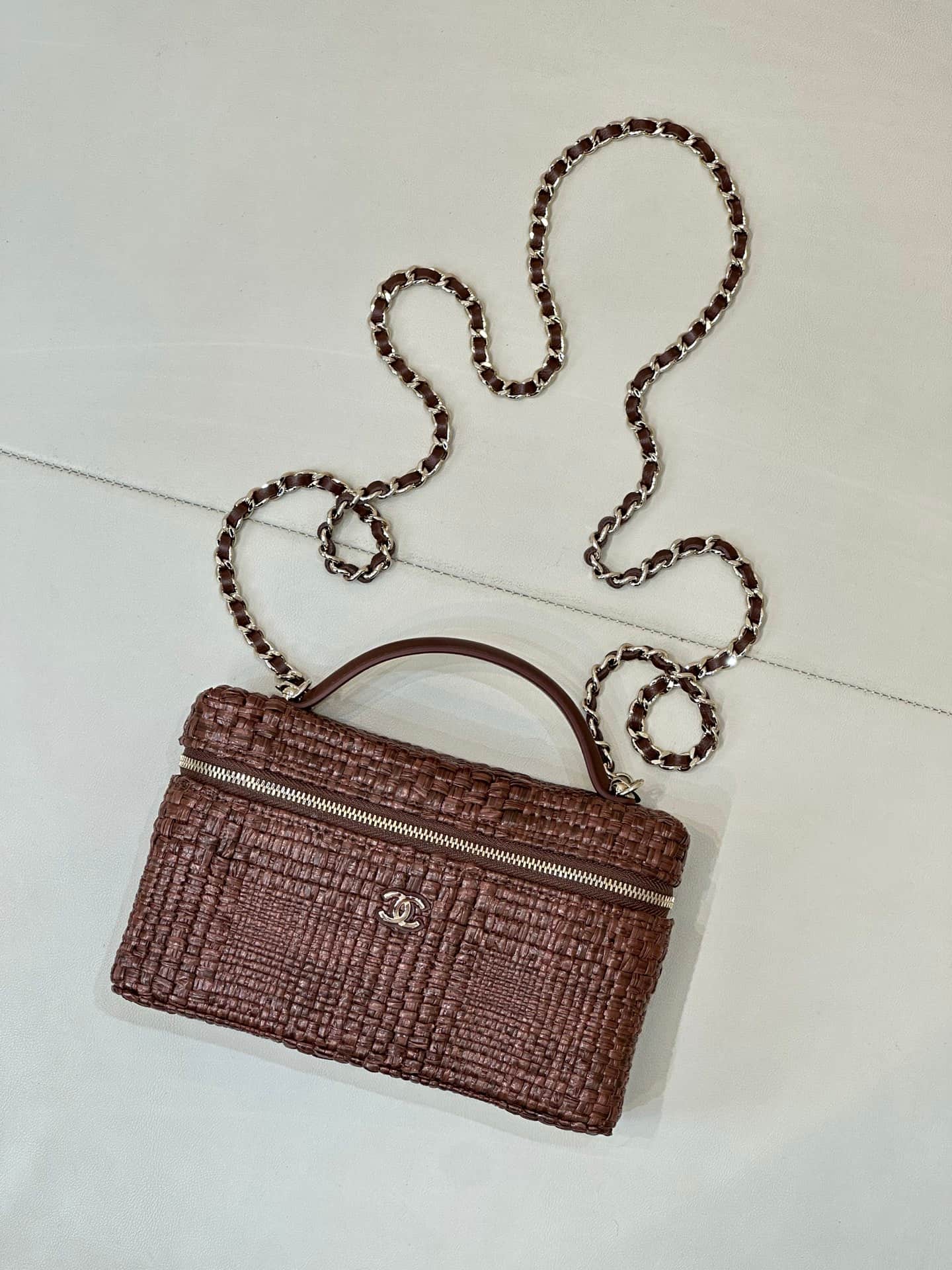 Chanel Classic Vanity with Chain Braided Raffia & Gold-Tone Metal Brown AP4385 TOP