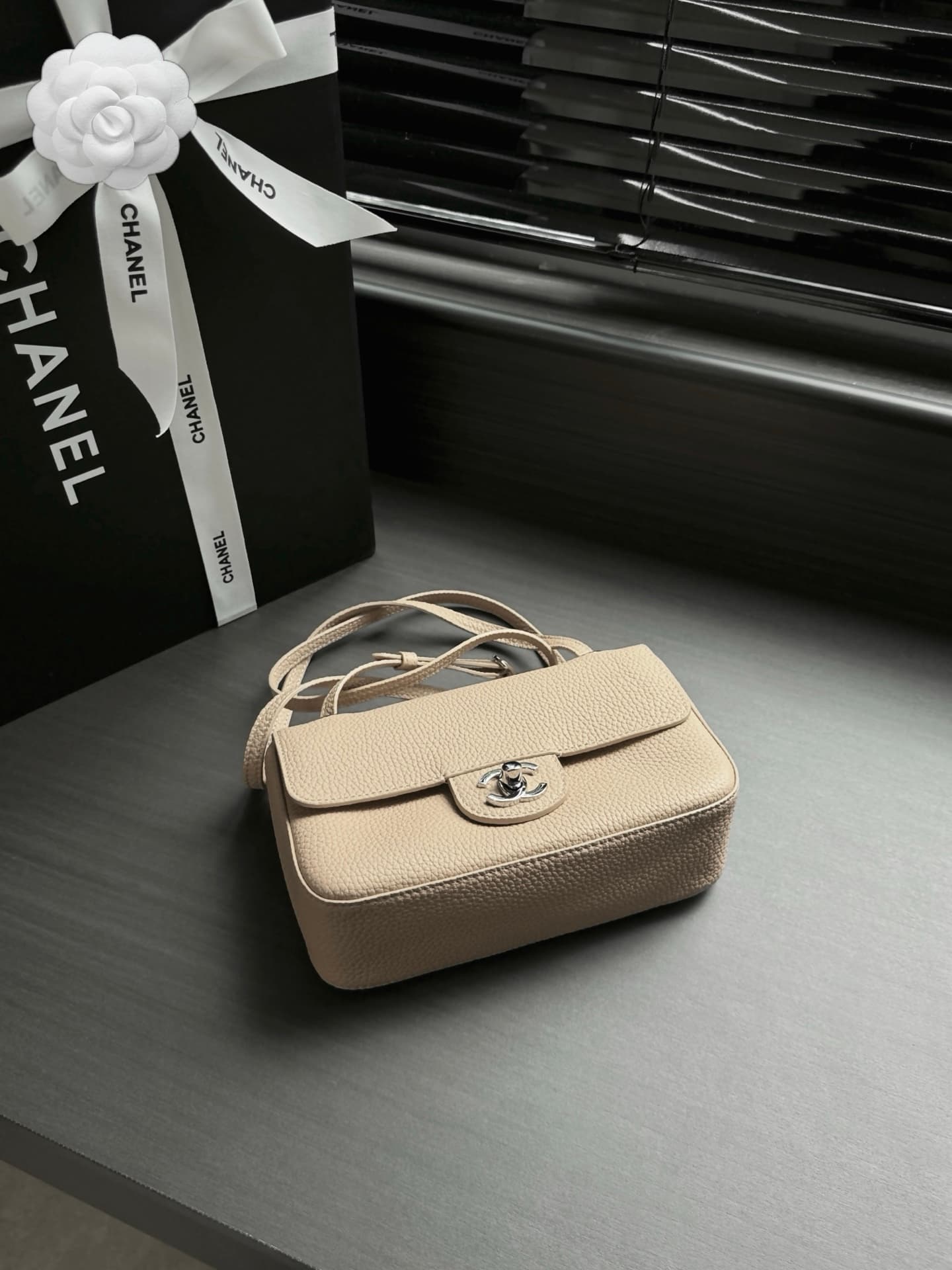 CHANEL Mini flap bag Grained Calfskin&Silver-tone metal Beige AS6573 A