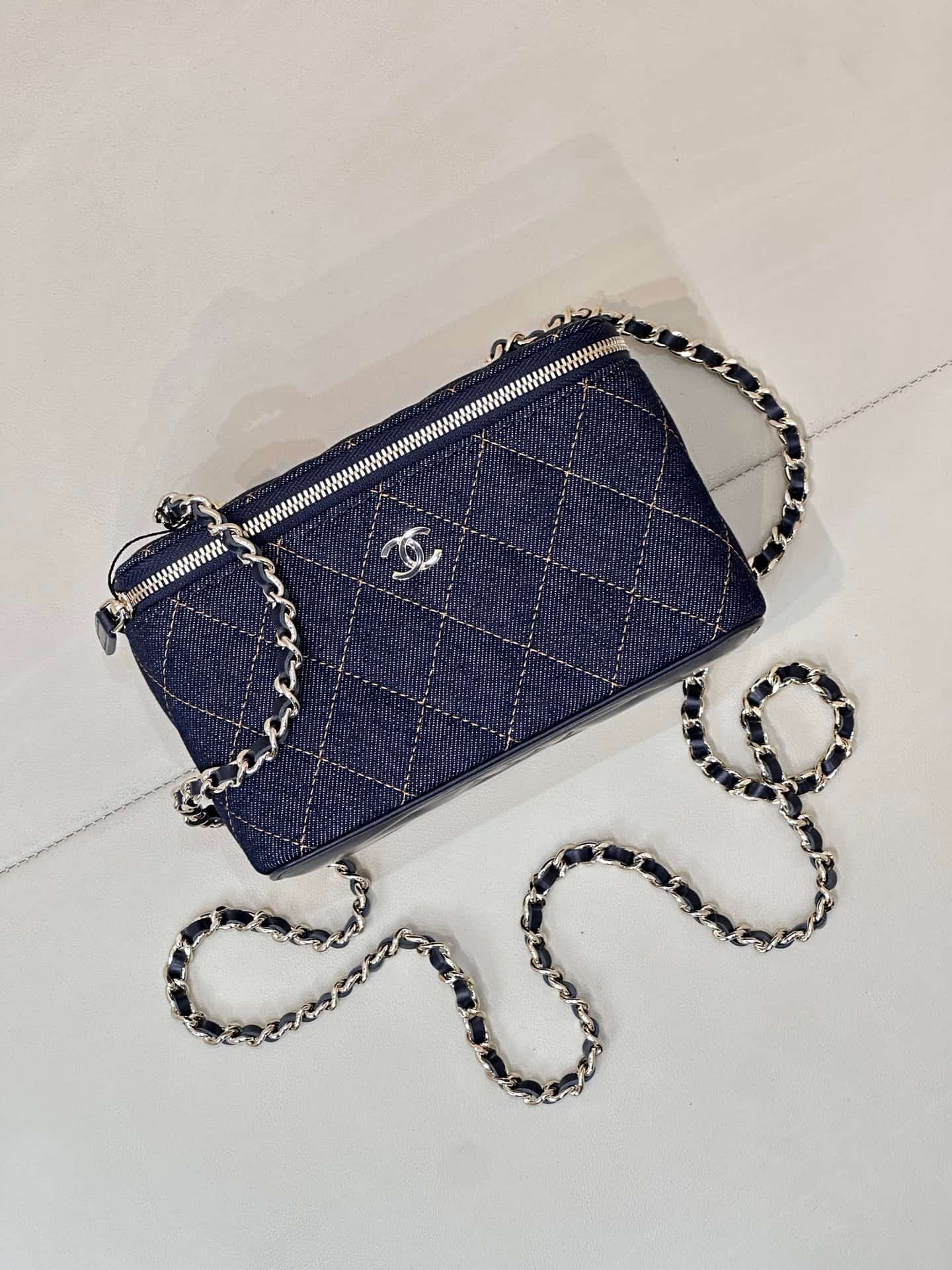 Chanel Classic Long Vanity with Chain  Denim & Gold-Tone Metal Dark Blue AP1341 TOP