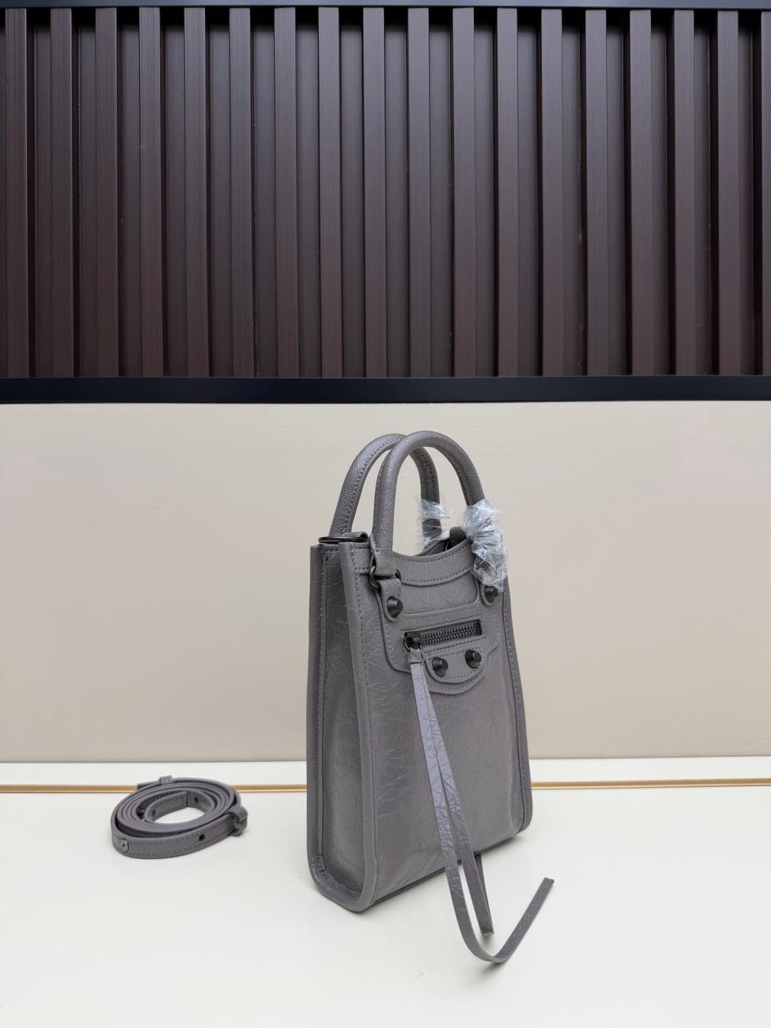 Balenciaga Le City Leather Tote Phone Holder Grey High