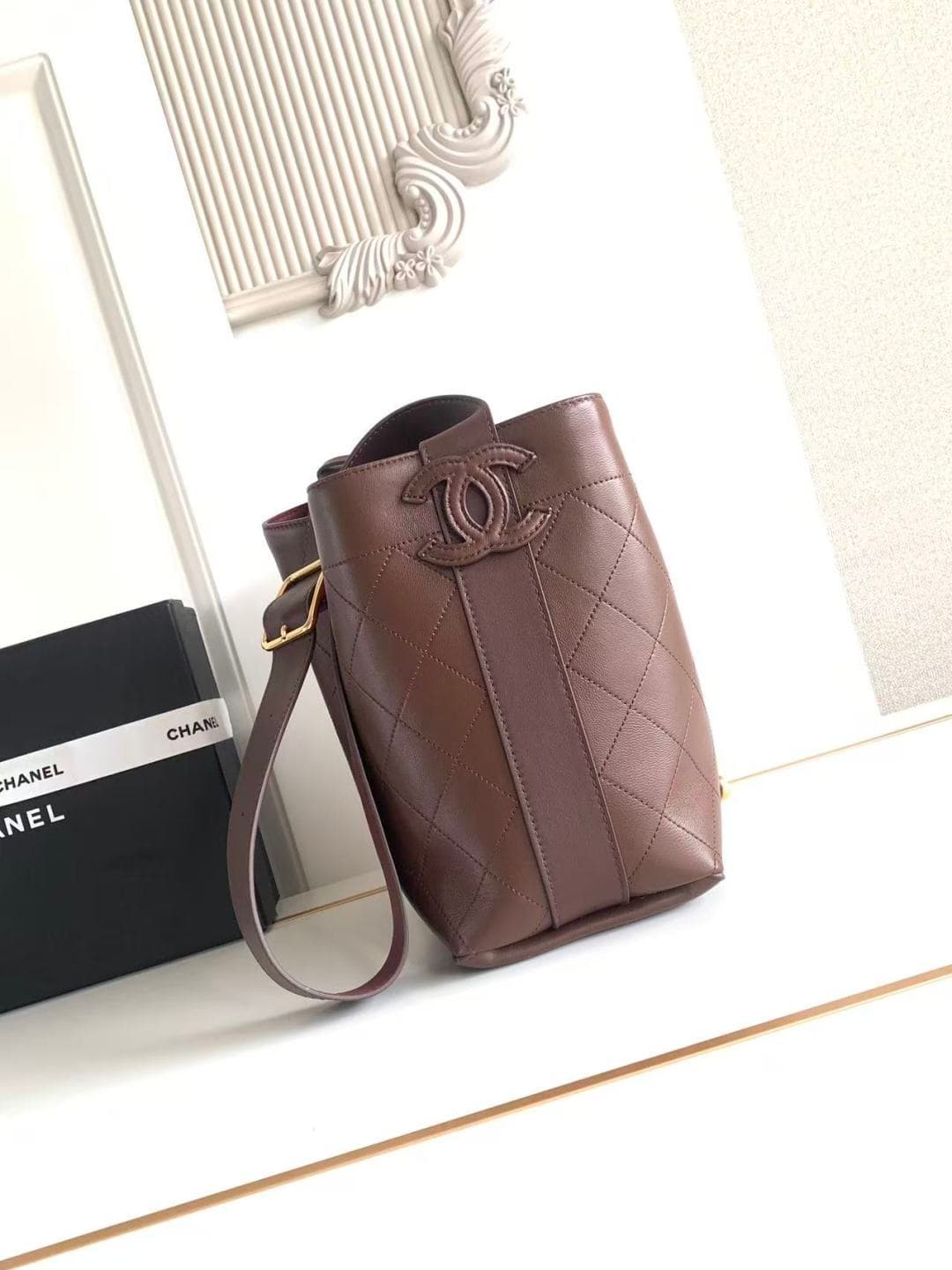 Chanel Bucket Bag Calfskin Leather & Gold-Tone Metal Dark Brown AS6584 A