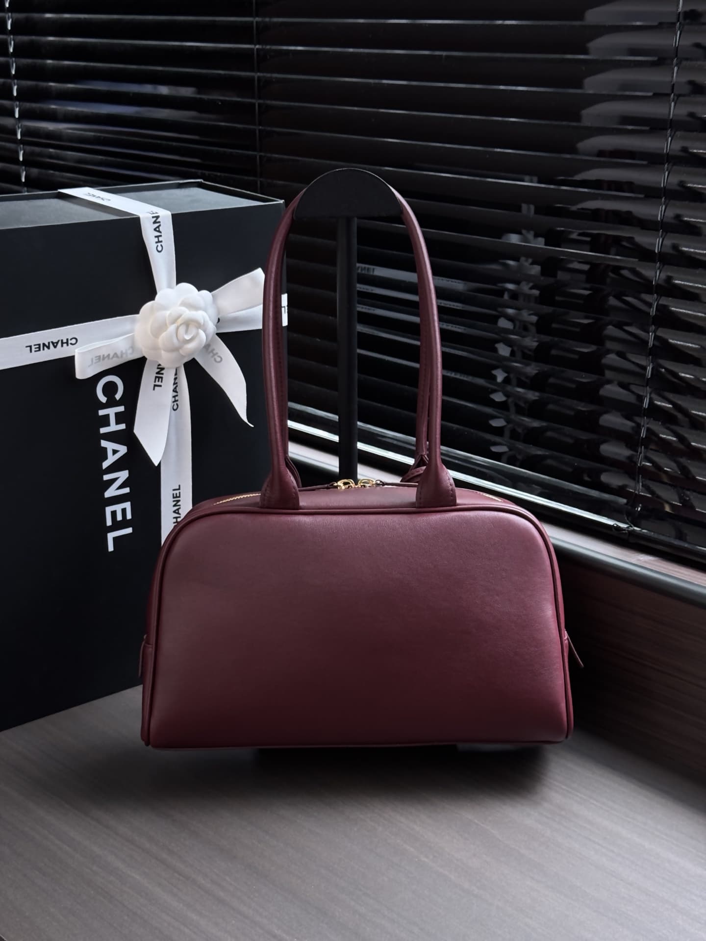 Chanel Large Bowling Bag Calfskin & Gold-Tone Metal Burgundy AS6580 High