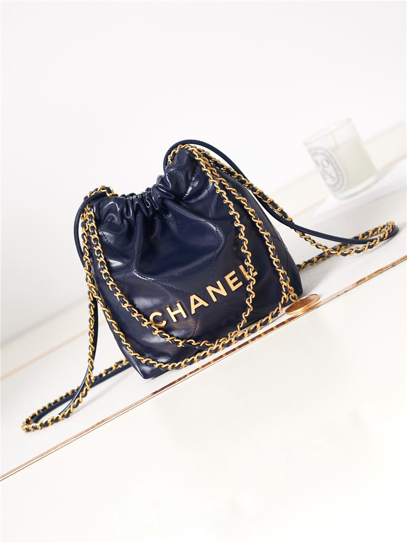 Chanel 22 MINI HANDBAG Shiny Calfskin Navy & Gold-Tone Metal AS3980 A