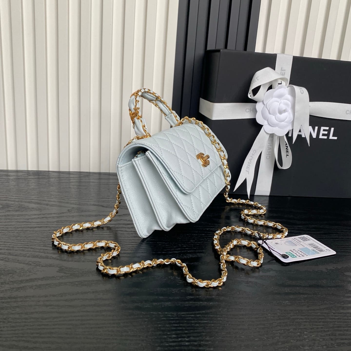 Chanel Mini Flap Bag with Top Handle Grained Shiny Calfskin & Gold-Tone Metal Blue AP4798 A