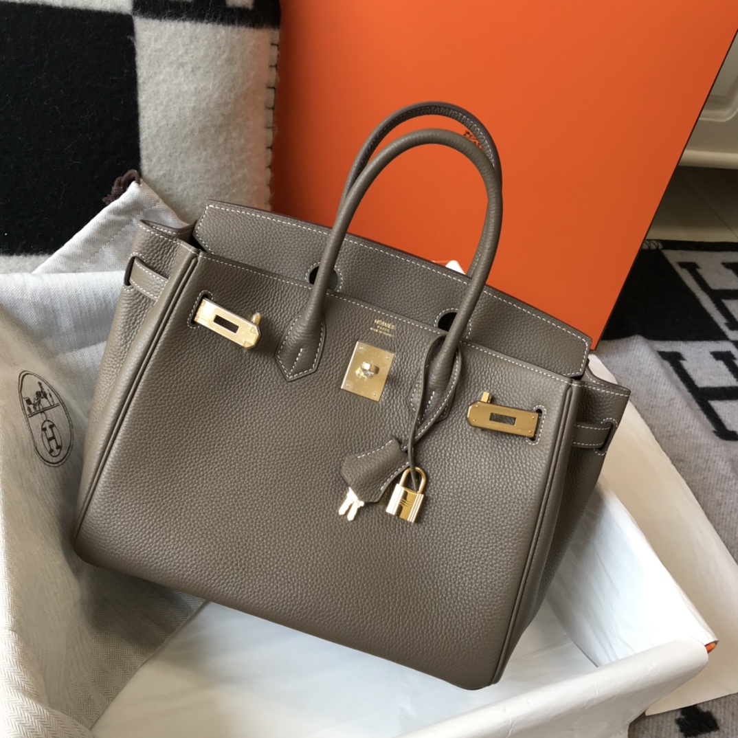 Hermes Birkin 25/30/35cm Bag Calfskin Silver/Gold Metal In Etoupe High