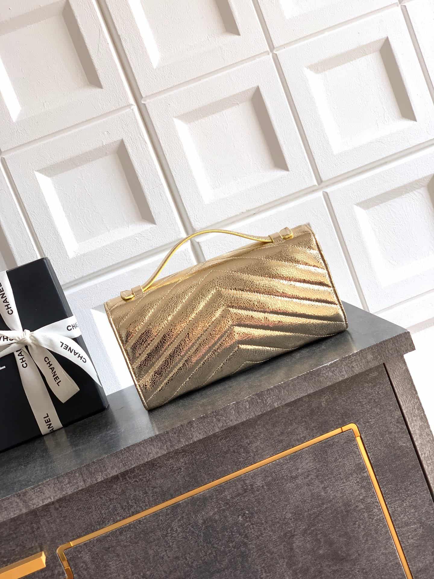 Chanel Flap Bag with Top Handle Metallic Chevron Lambskin Leather Finish& Champagne Gold-Tone Metal Gold AS6044 A