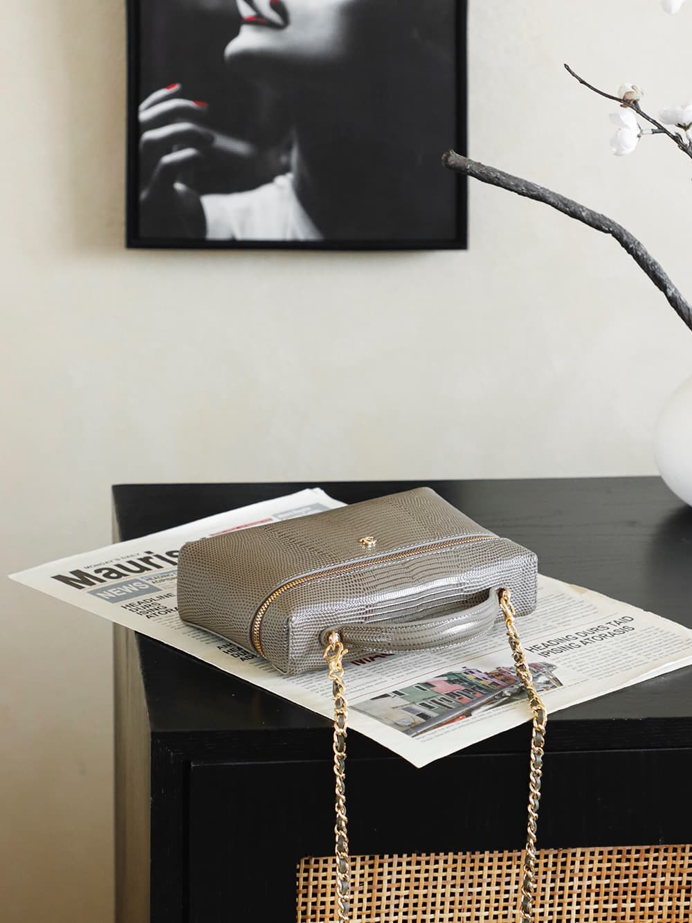 Chanel Small Vanity with chain Lizard Embossed Calfskin & Gold-Tone Metal Dark Khaki AS5195 A