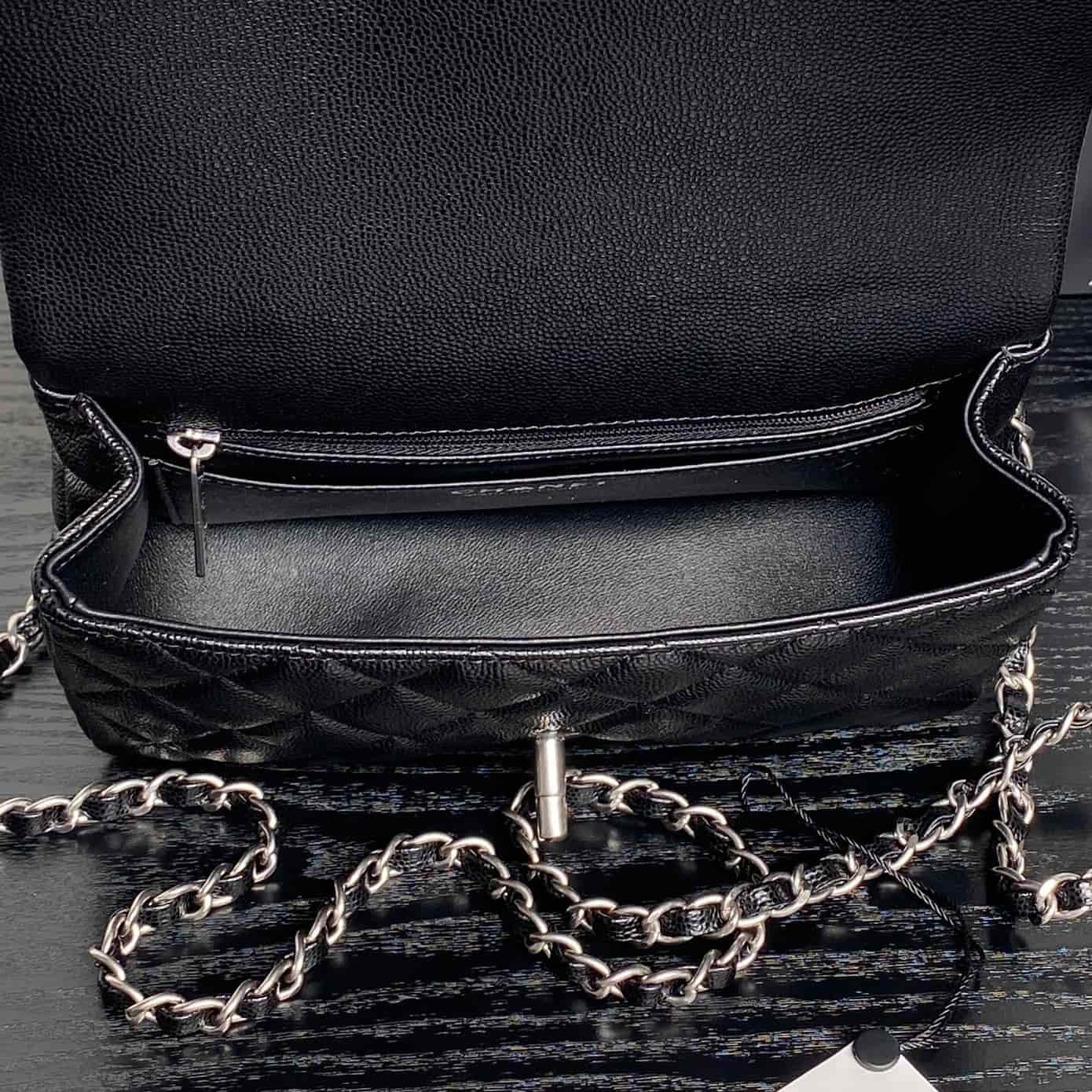 Chanel Mini Flap Bag with Top Handle Grained Shiny Calfskin & Silver-Tone Metal Black AS5701 A