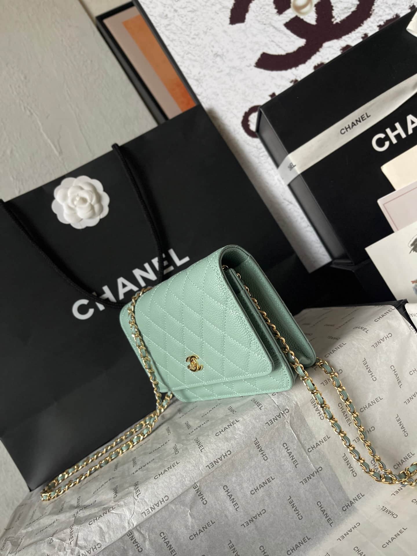 Chanel Classic Wallet on Chain Grained Shiny Calfskin & Gold-Tone Metal AP4241 Light Green A