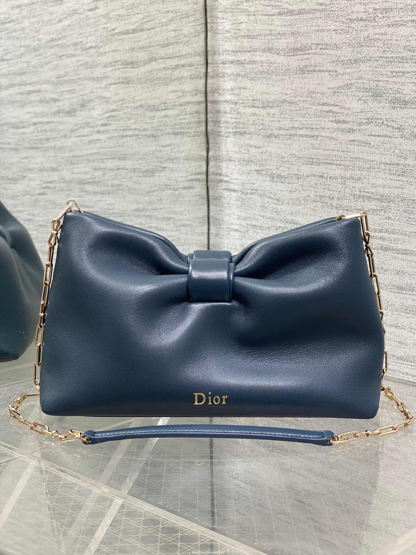 Small Dior Bow Bag Navy Blue Leather High