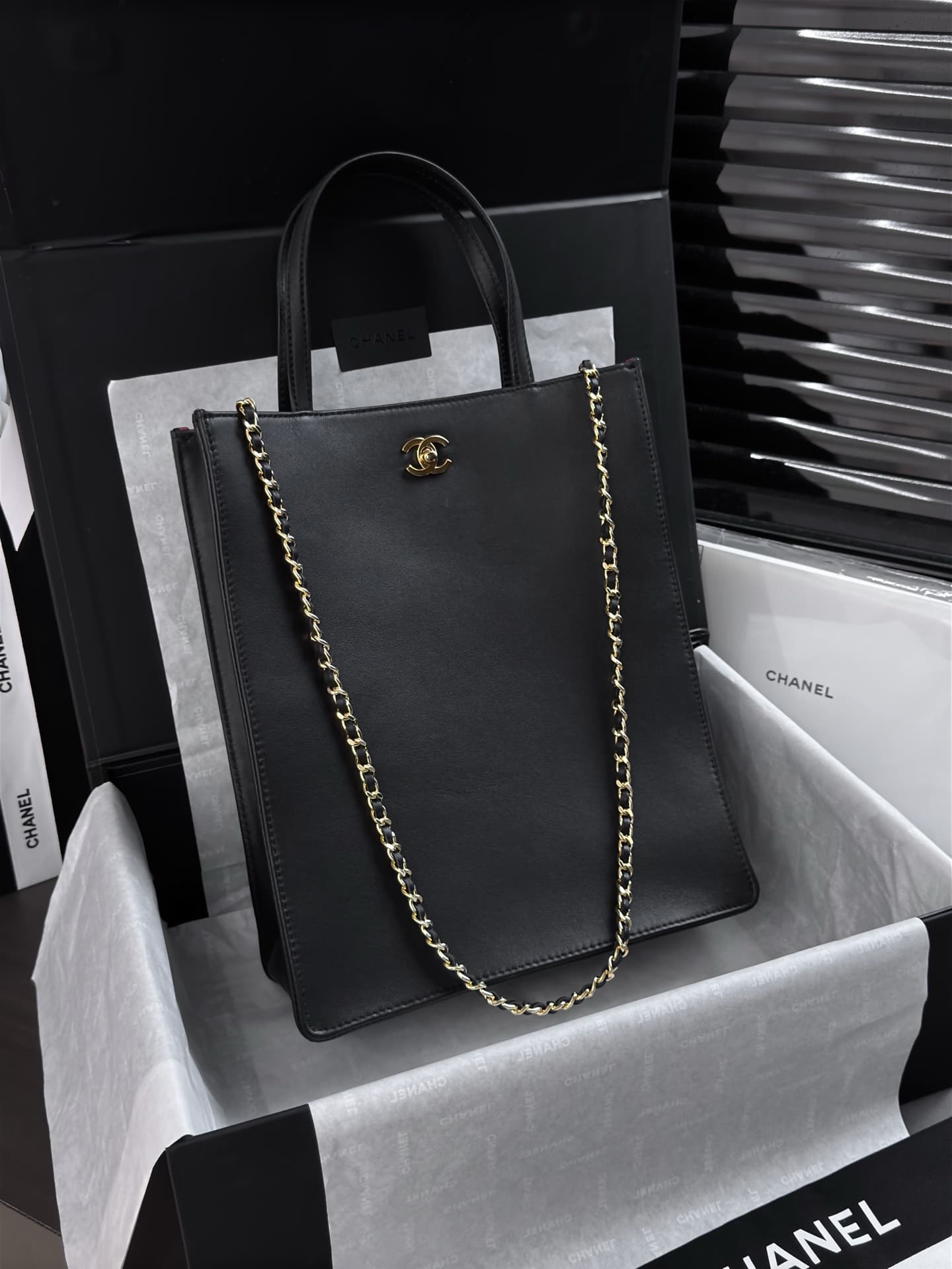 Chanel Small Shopping Bag Calfskin & Gold-Tone Metal Black AS6452 A