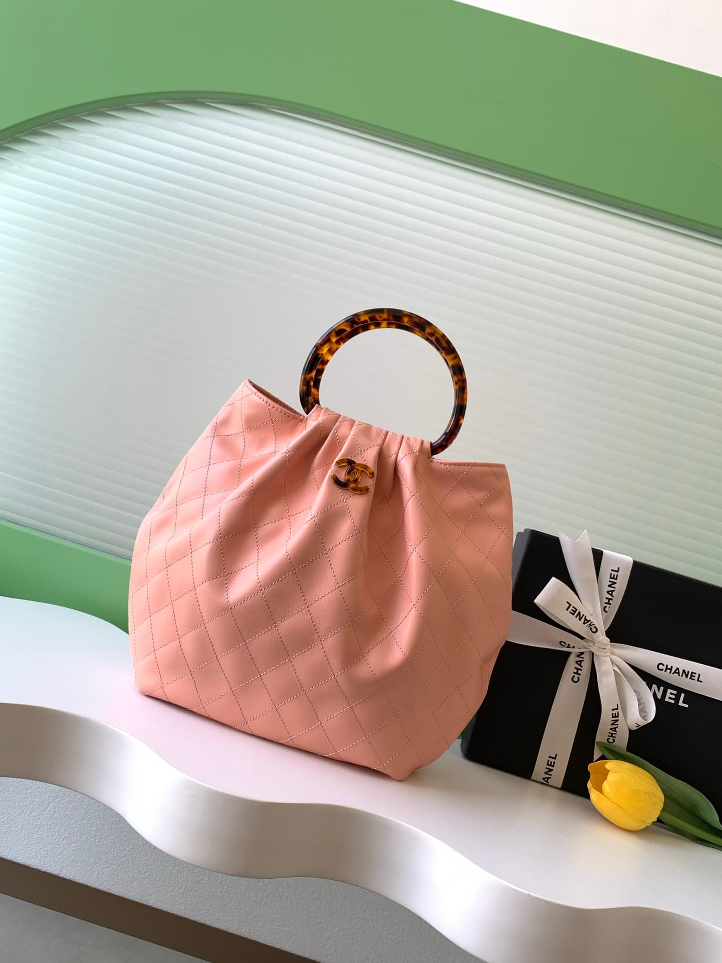 Chanel Medium Hobo Bag Lambskin-Shell Effect Plexi & Gold-Tone Metal Pink AS6010 High