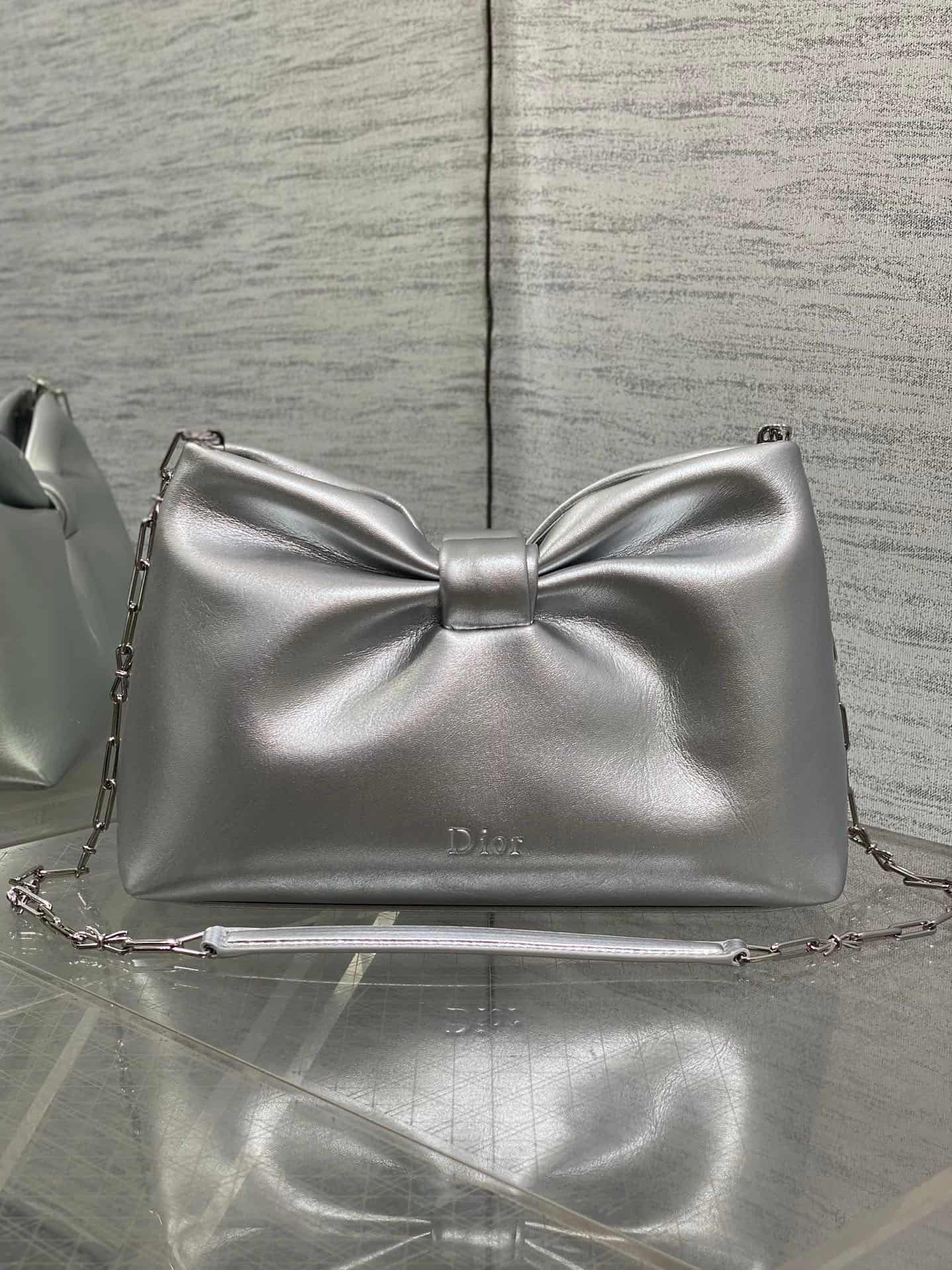 Small Dior Bow Bag Silver Leather High