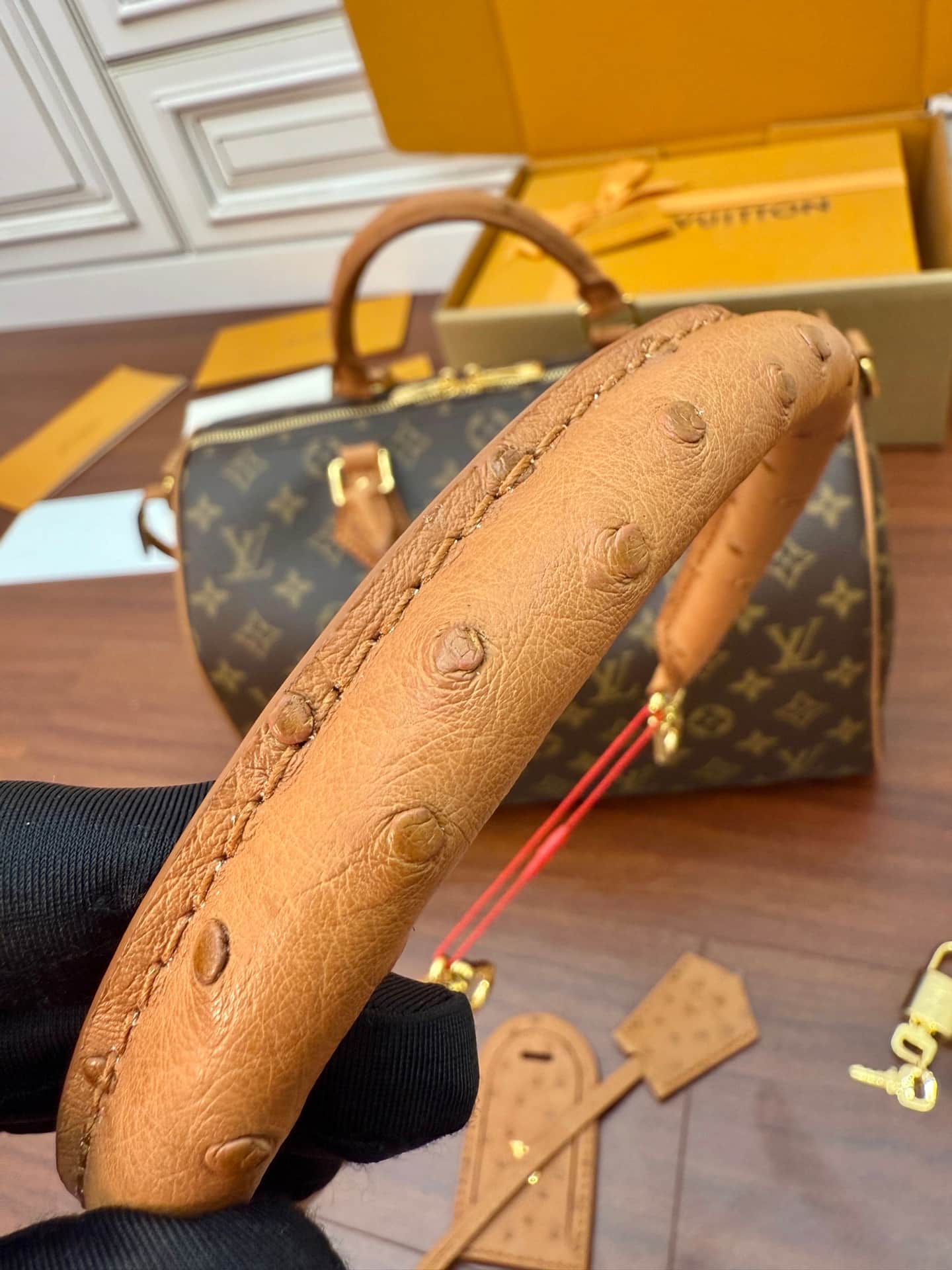 Louis Vuitton Speedy Soft 30 Boho Monogram Tan Coated canvas Ostrich-leather trim N87212 TOP