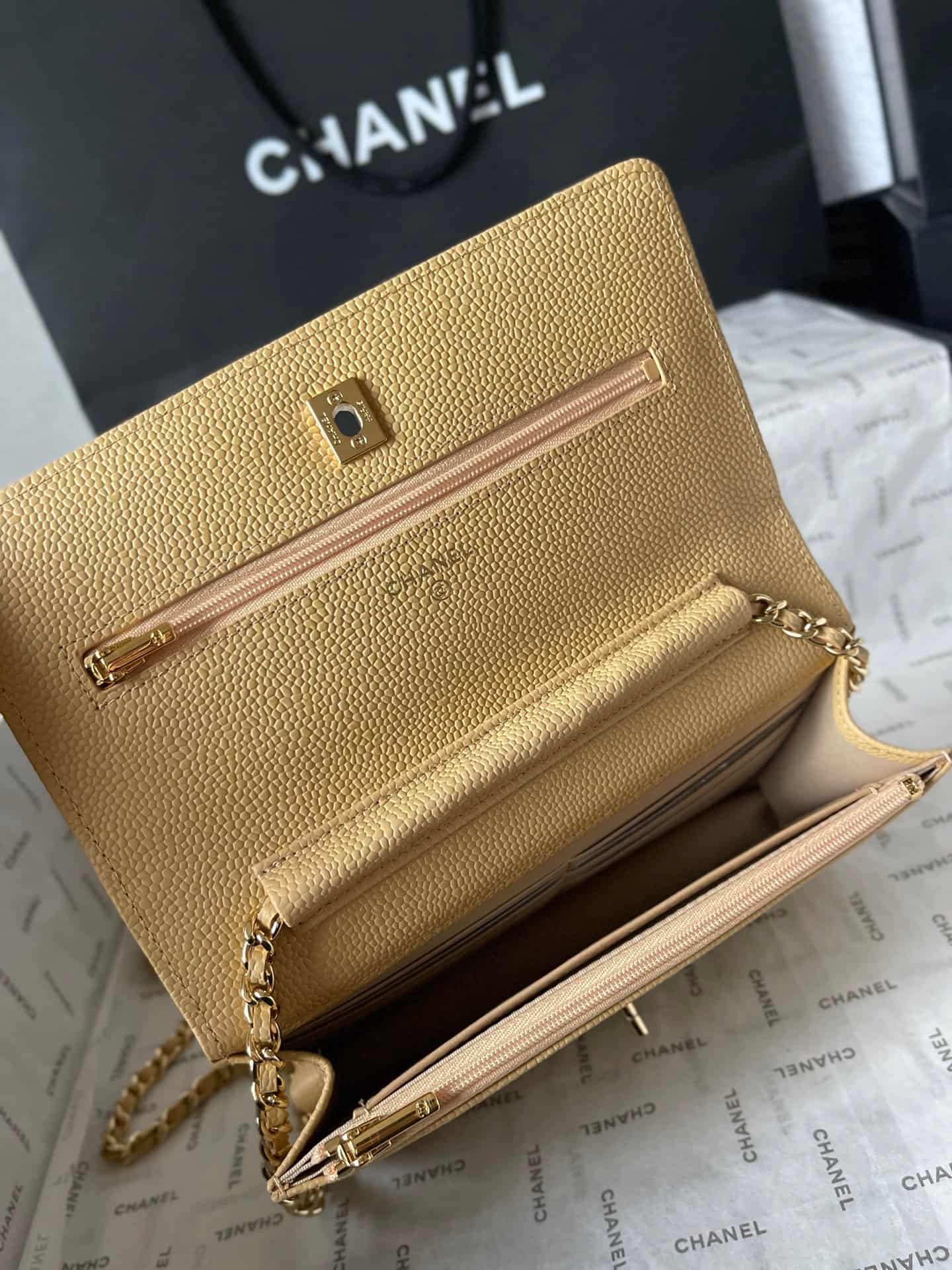 Chanel Classic Wallet on Chain Grained Shiny Calfskin & Gold-Tone Metal AP4241 Beige A