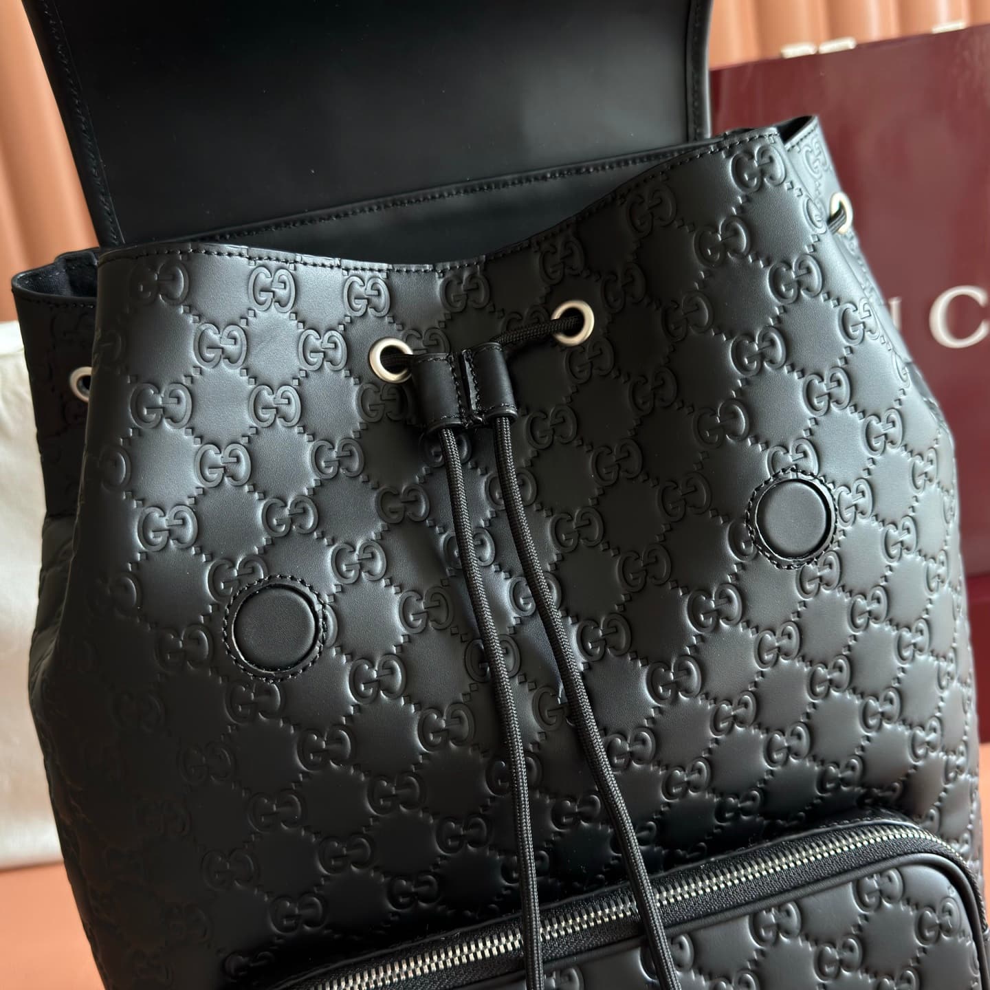 Gucci GG Emblem medium backpack Black embossed GG smooth leather 854750 High