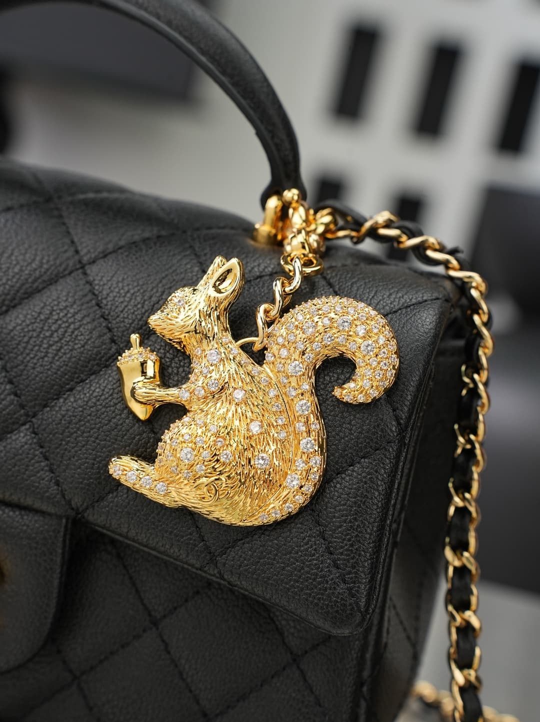 Chanel FLAP BAG WITH TOP HANDLE AS2431 Calfskin & Gold-Tone Metal Black A