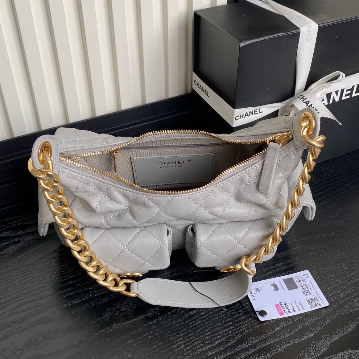 Chanel Trendy Pockets Hobo Bag Lambskin & Gold Metal Grey AS5339 A