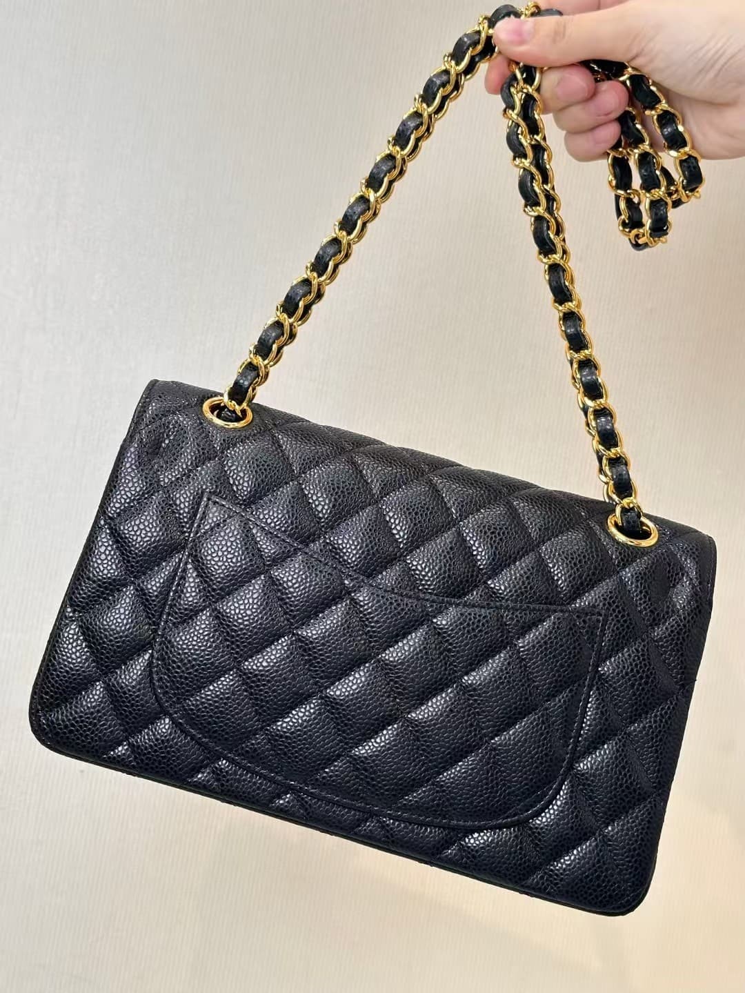 Chanel Small Classic Handbag Grained Calfskin Black Gold Metal TOP