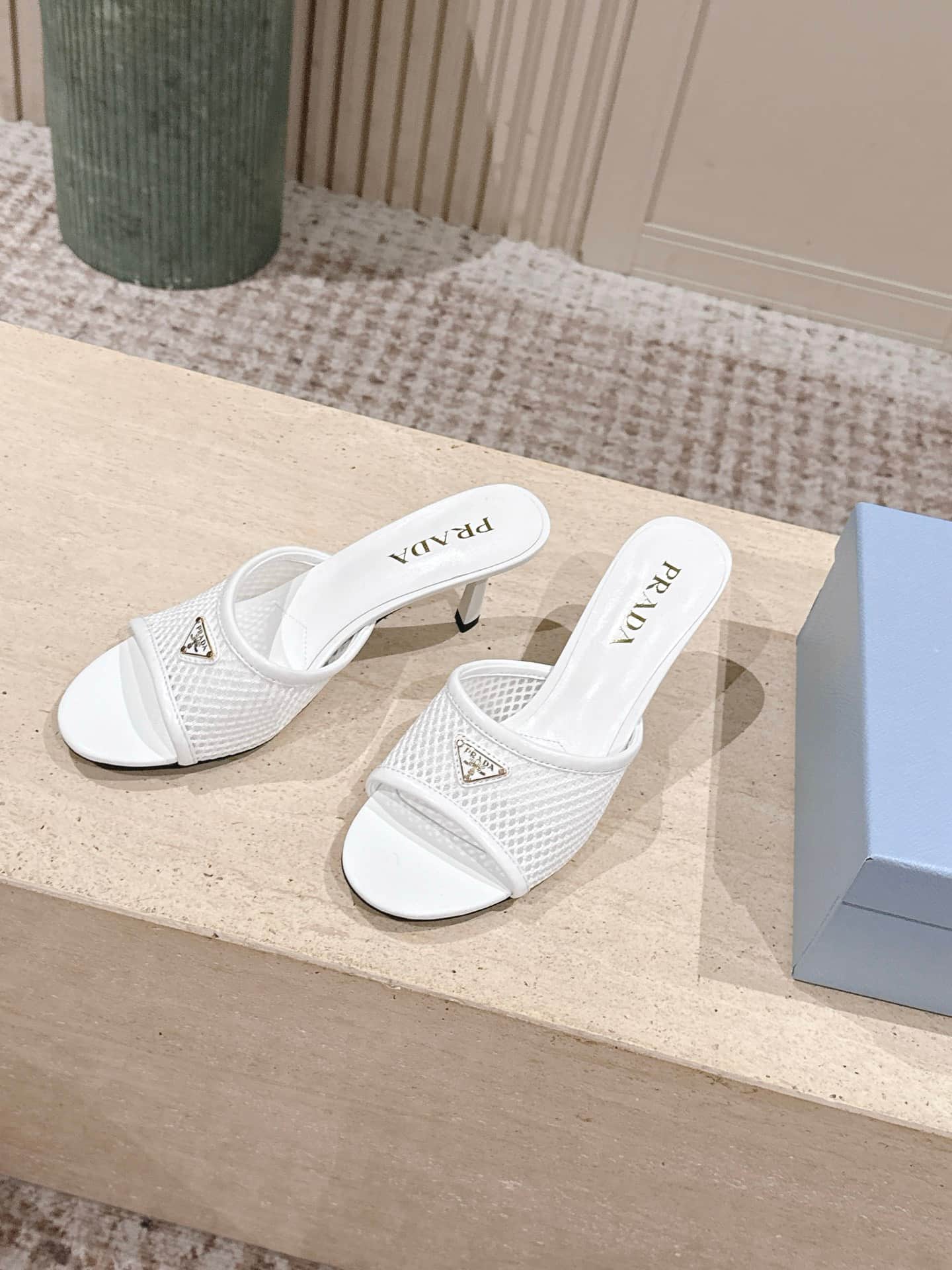 Prada Triangle Logo Mesh Slide Sandals