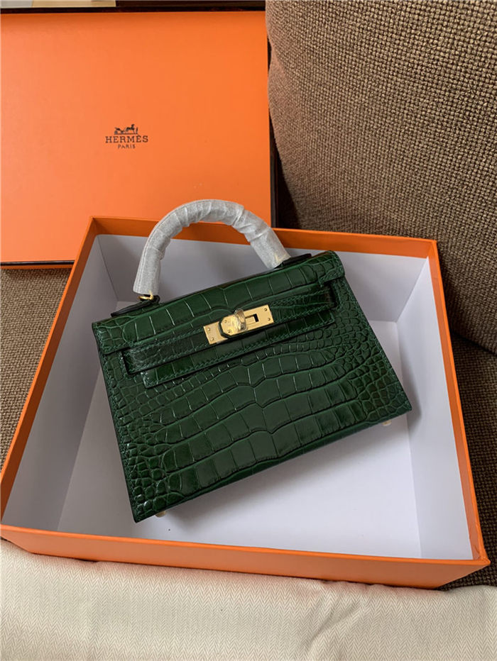 Hermes Kelly Mini II Bag Embossed Crocodile Leather WAX Silver/Gold Metal High Customizing style