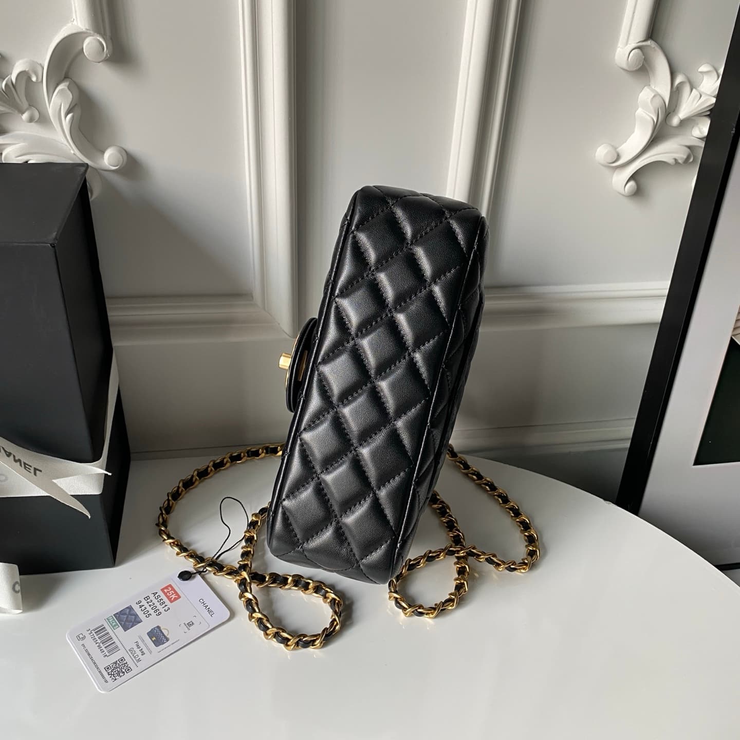 Chanel Mini Flap Bag with Top Handle Lambskin& Gold-tone Metal Black AS5813 A
