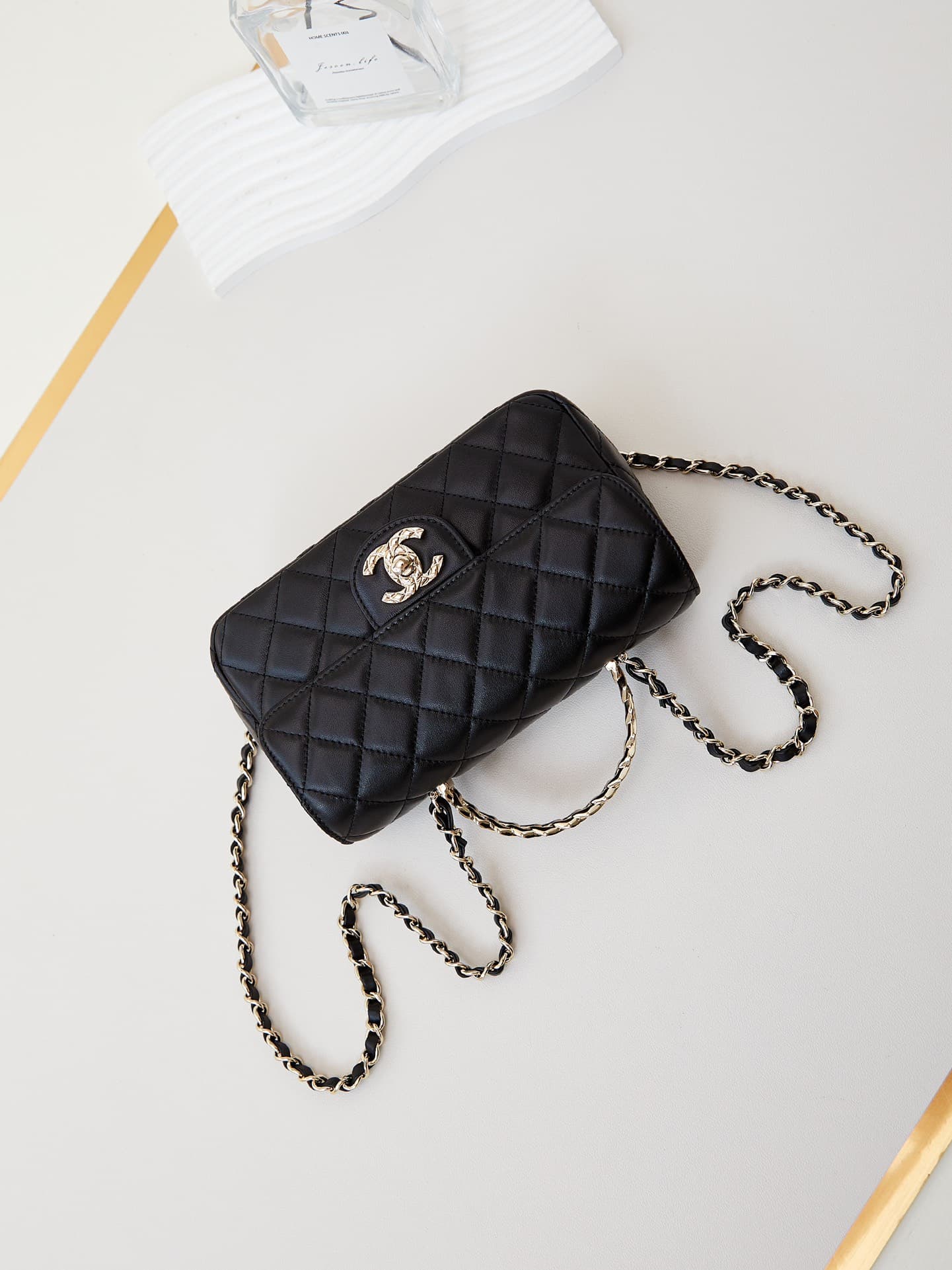 Chanel Mini Flap Bag with Top Handle Lambskin& Gold-Tone Metal Black AS4924 A