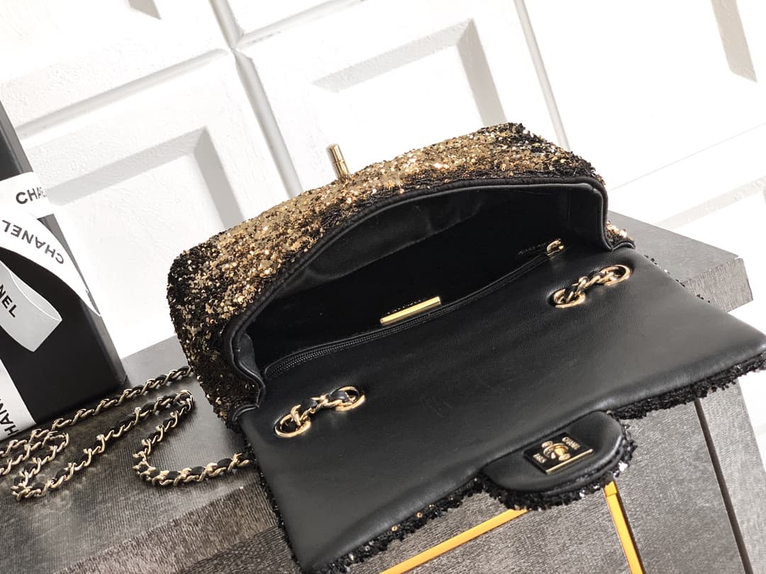Chanel Classic Mini Flap Bag Sequin Embroidery & Gold-Tone Metal Dark Gold 6171 A