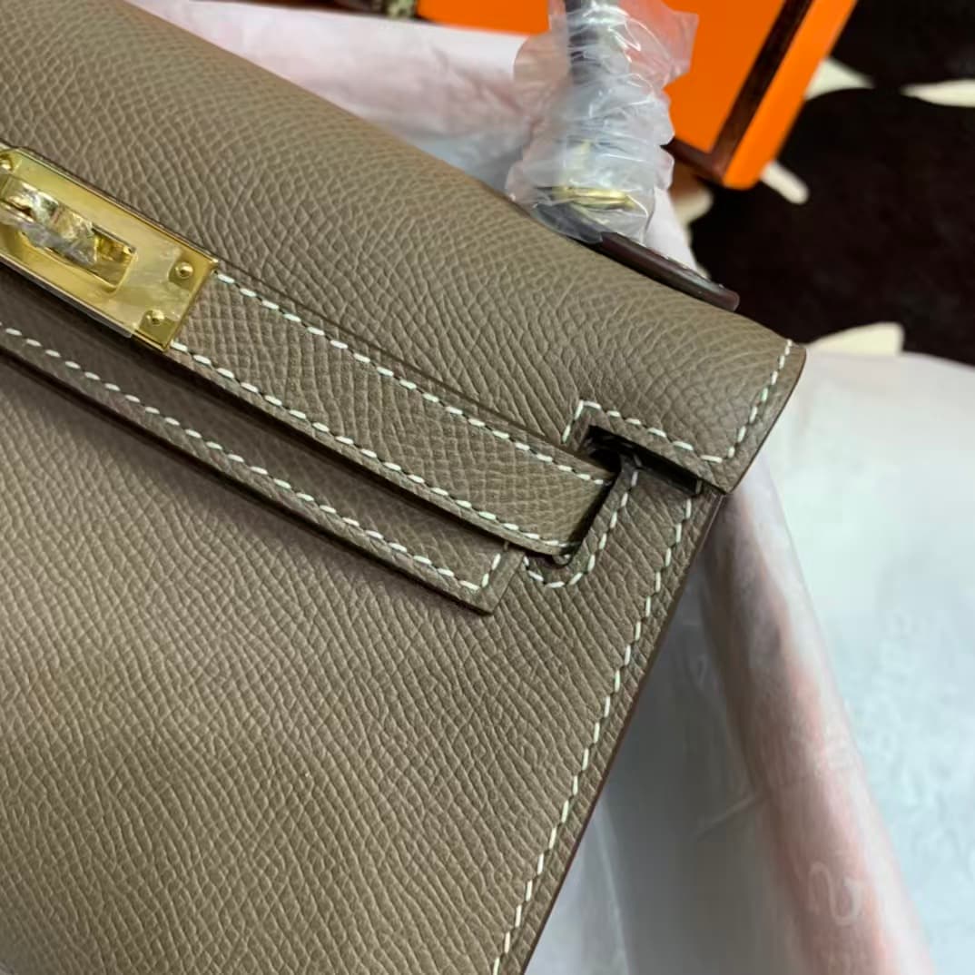 Hermes Kelly Mini II Bag Epsom Leather WAX Silver/Gold Metal Etoupe High