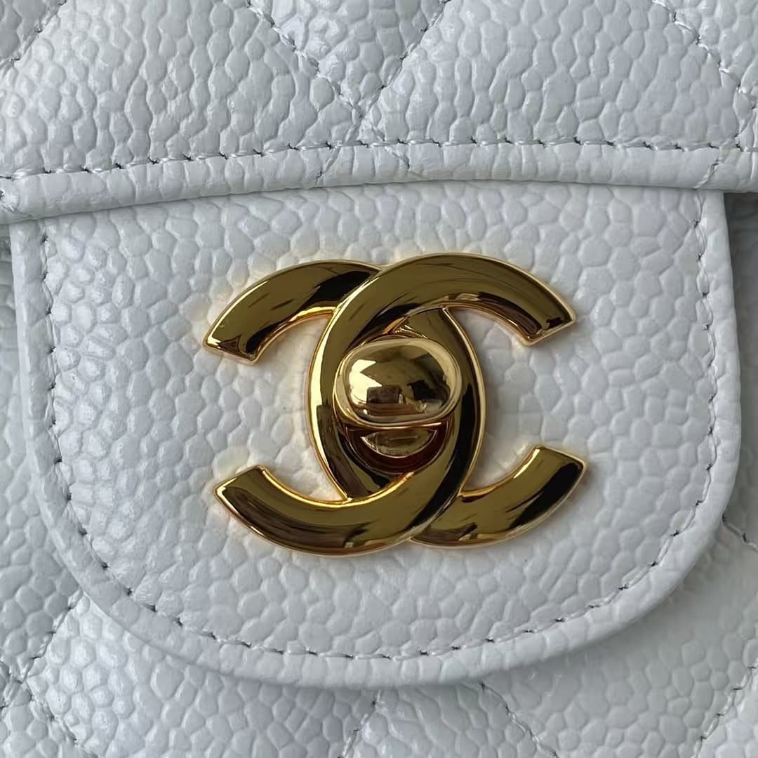 Chanel Medium CLASSIC HANDBAG Grained Calfskin White Gold Metal A