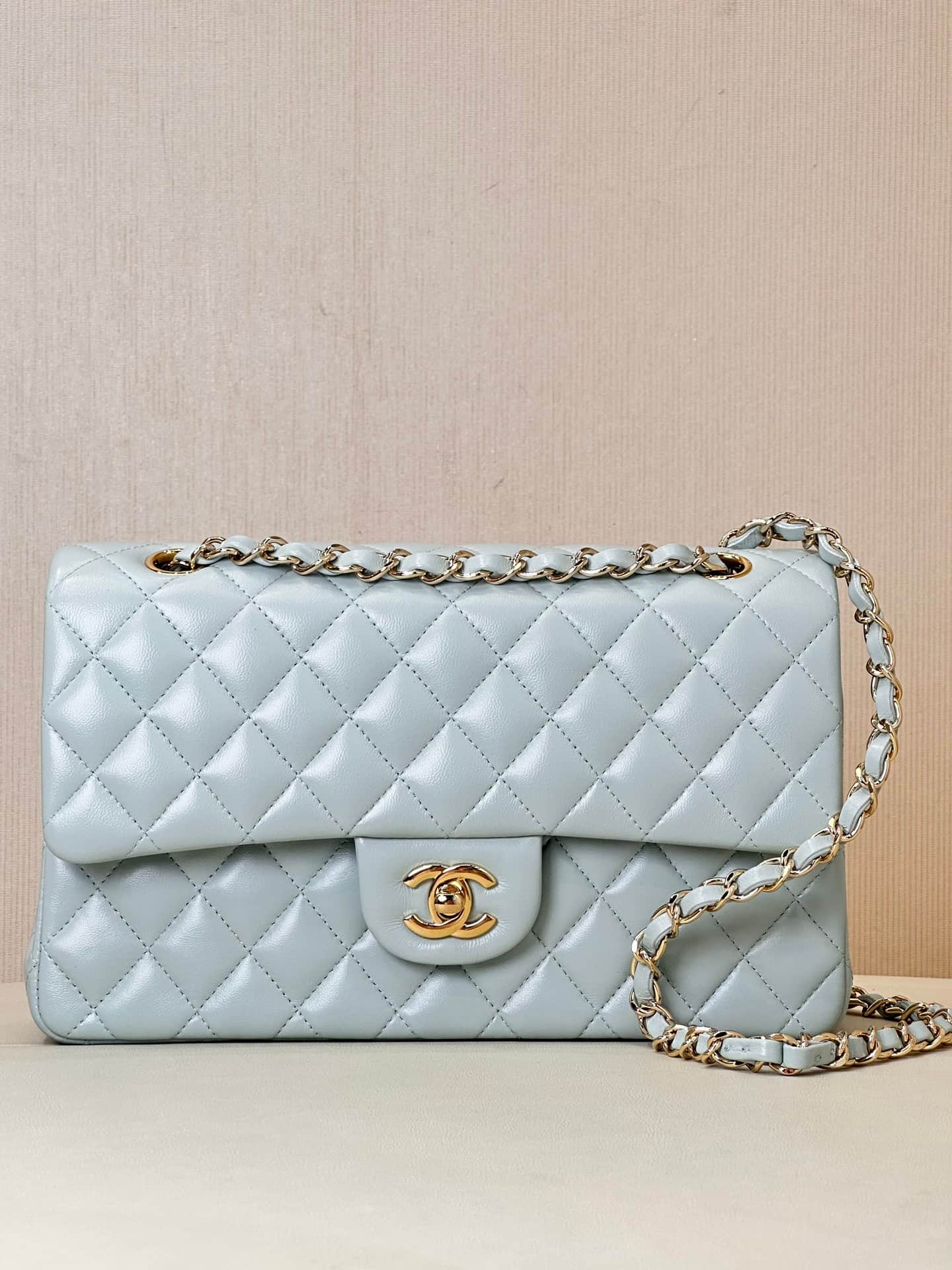 Chanel Medium CLASSIC HANDBAG Lambskin Gold-Tone Metal Light Blue TOP