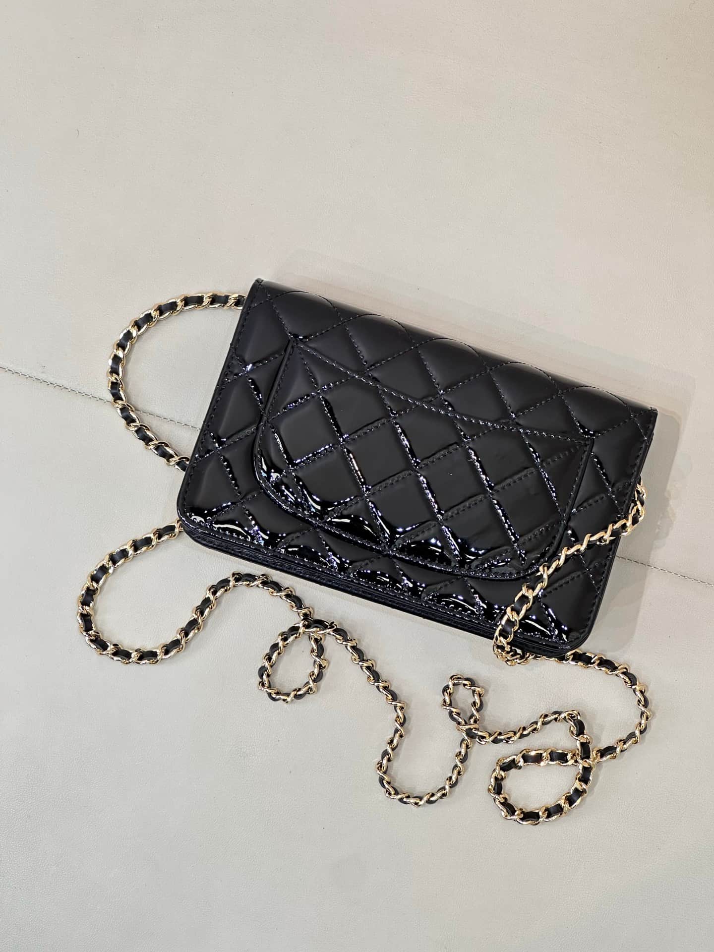 Chanel Classic Wallet on Chain Patent Quilted & Gold-Tone Metal AP4241 BLACK TOP