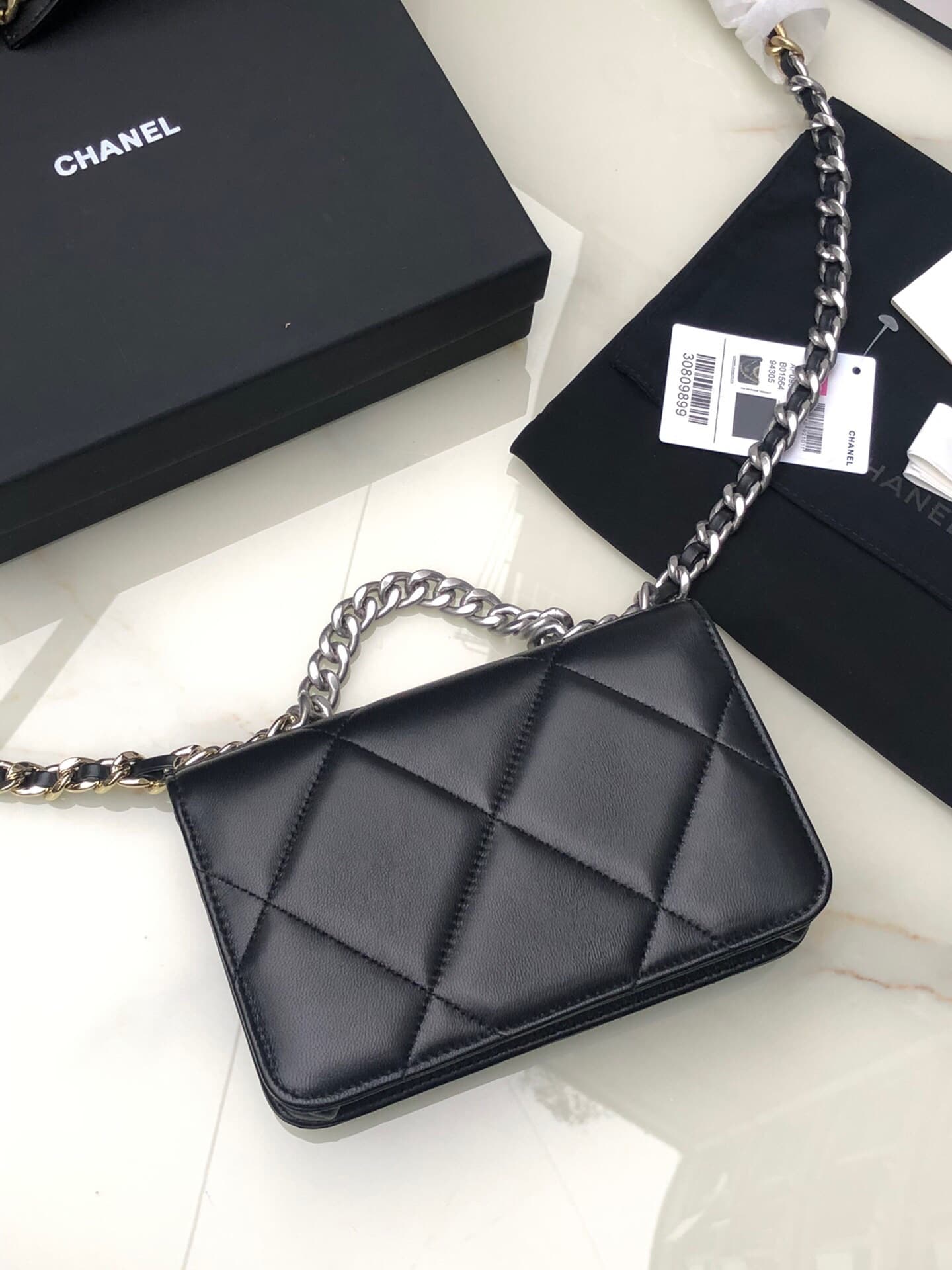 Chanel Wallet on Chain Lambskin Leather & Silver-Tone Metal Black AP0957 A