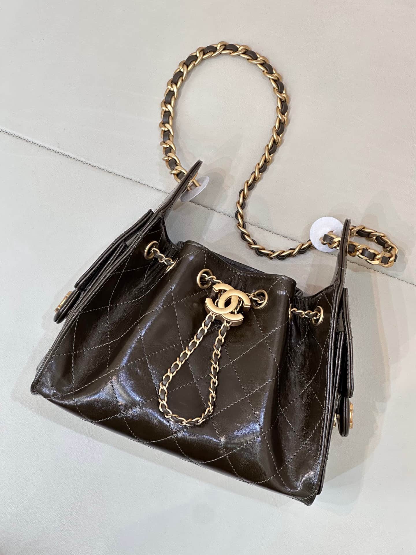 CHANEL 25 Mini Handbag AS5631 Shiny Calfskin & Gold-tone Metal Dark Brown TOP