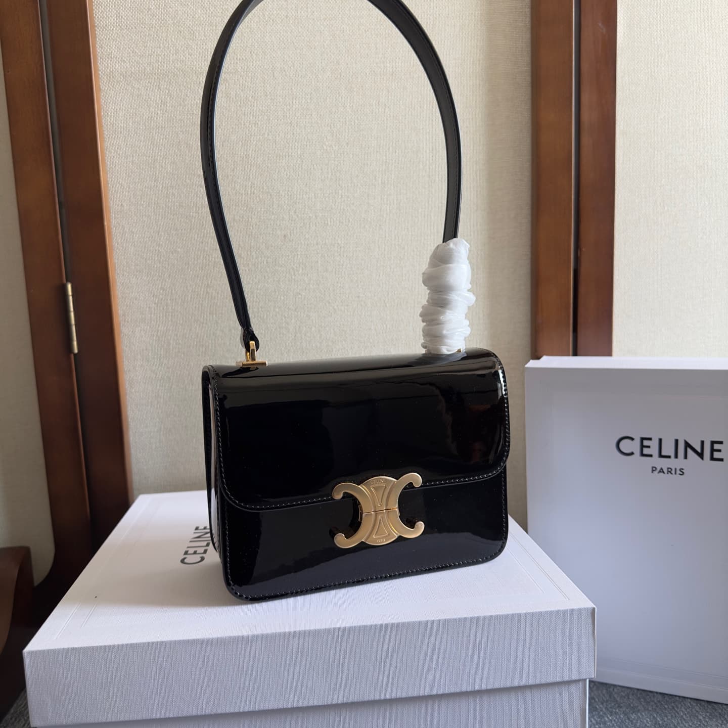 Celine Teen Garance Shoulder Bag in Black Patent Calfskin High