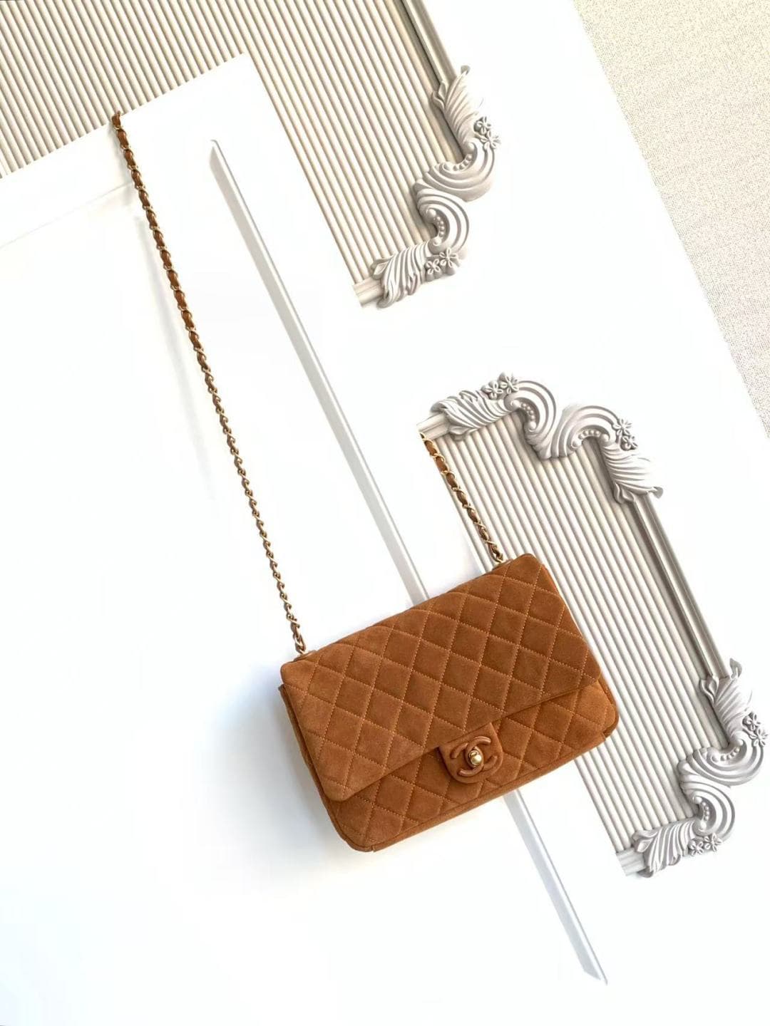 Chanel Classic Flap bag in Tan Suede & Gold-Tone Metal AS5987 A