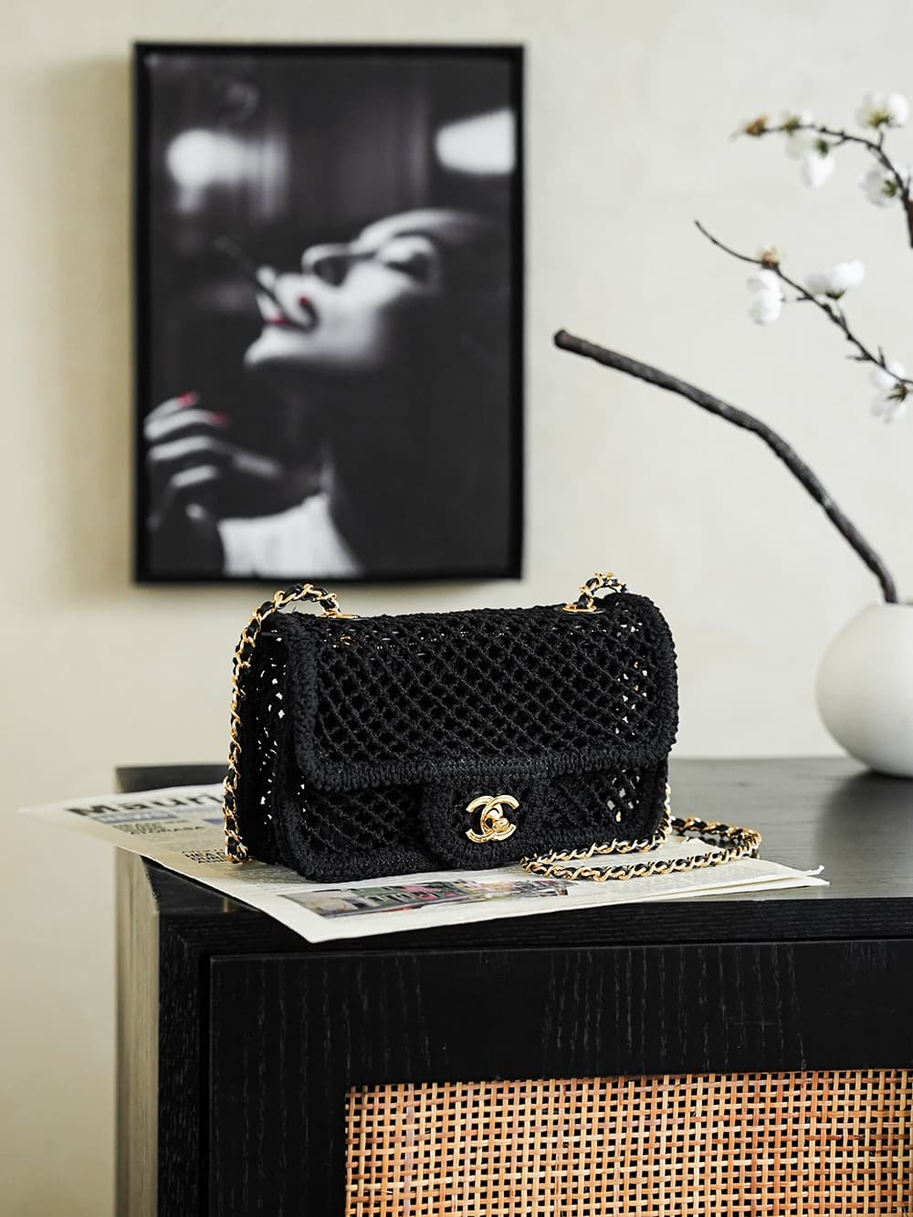 CHANEL Coco Beach Flap Bag Mesh, Strass & Gold-Tone Metal AS6156 Black A